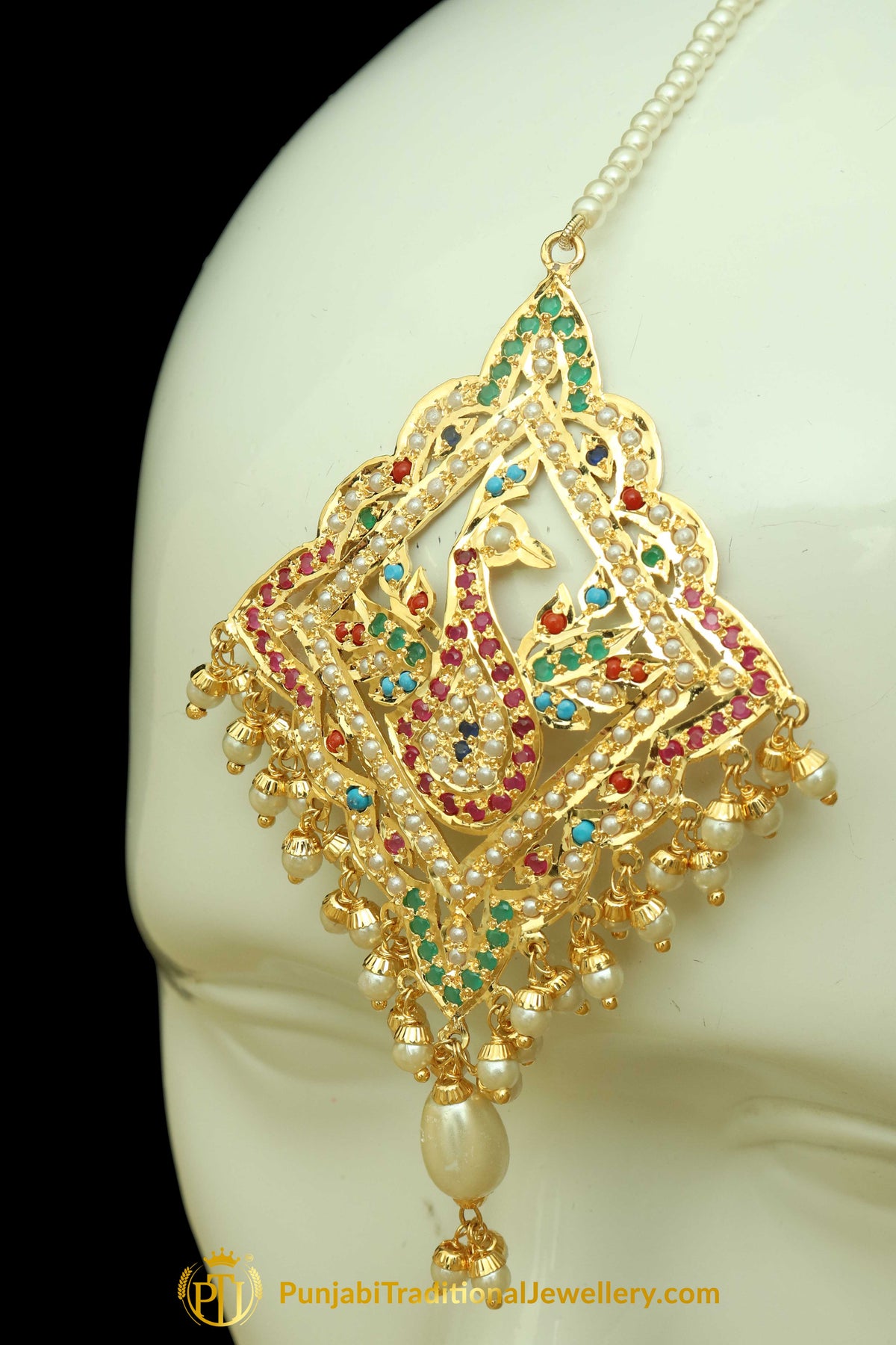 Multi Jadau Pearl Earring Tikka Set By Punjabi Traditional Jewellery