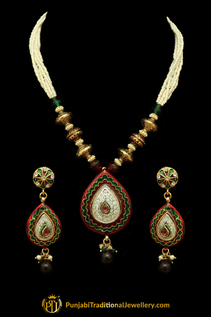 Rubby Panna Pearl Jodha Mala Necklace Set By Punjabi Traditional Jewellery