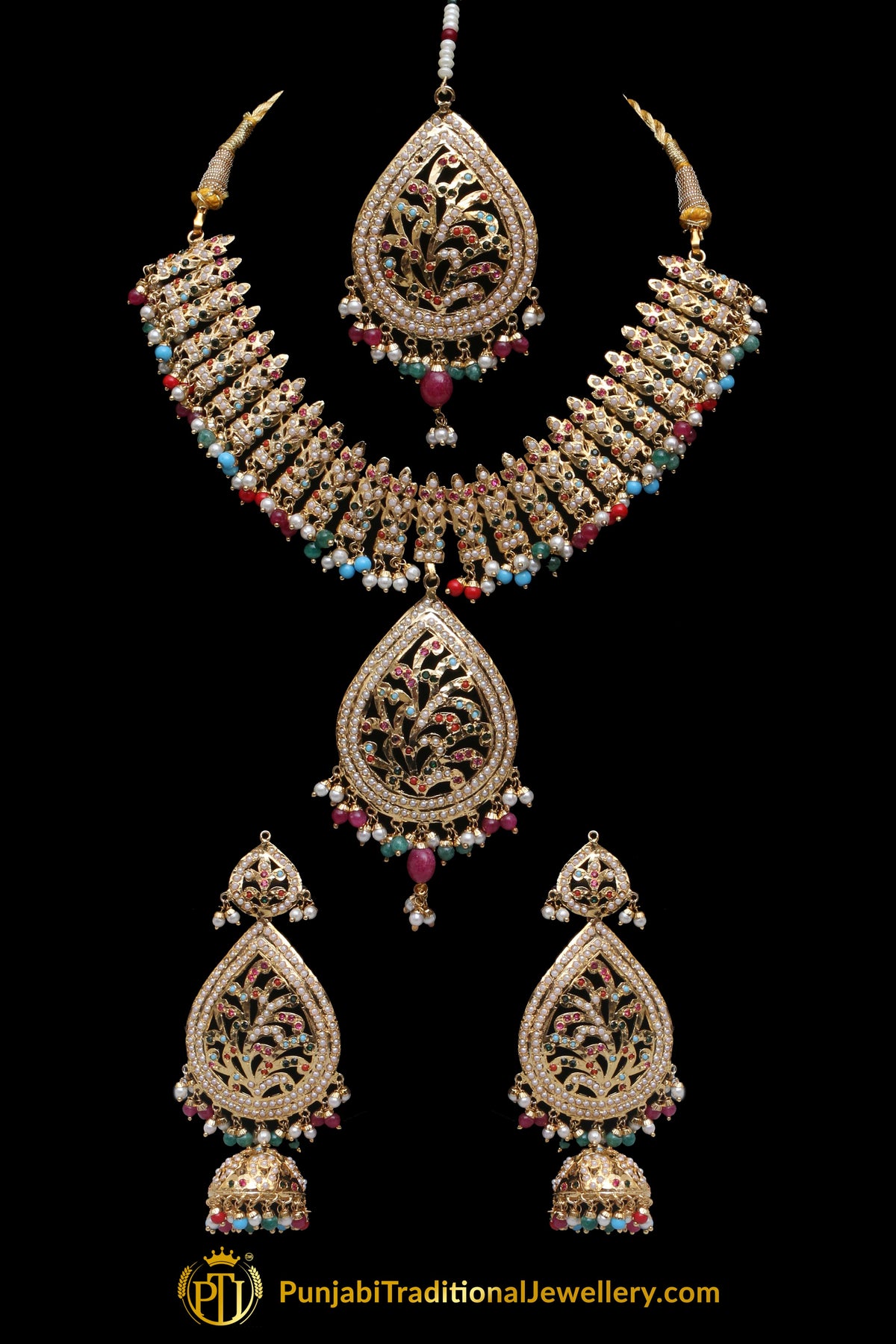 Multi Jadau Pearl Necklace Set By Punjabi Traditional Jewellery