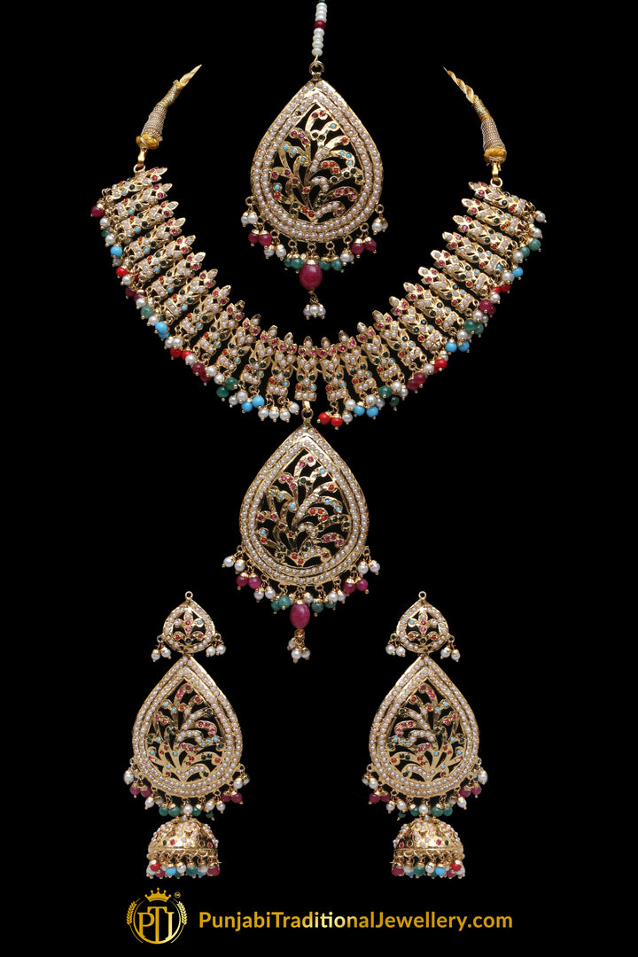 Multi Jadau Pearl Necklace Set By Punjabi Traditional Jewellery