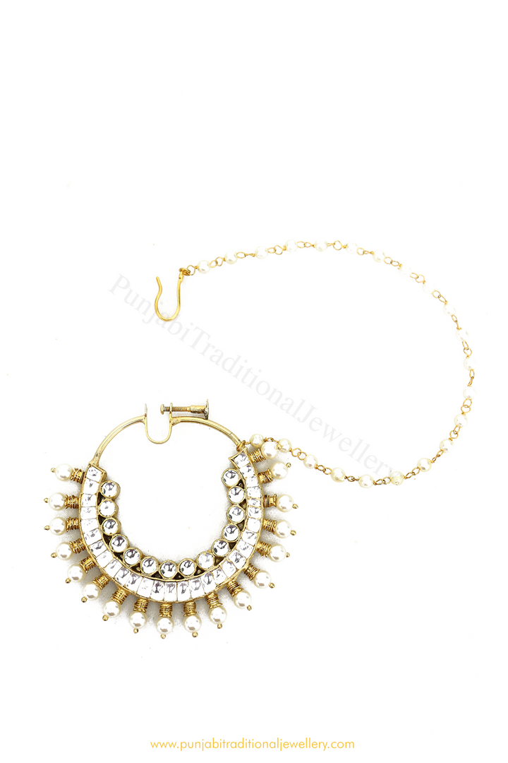 Gold Finished Pearl Kundan Nath By PTJ