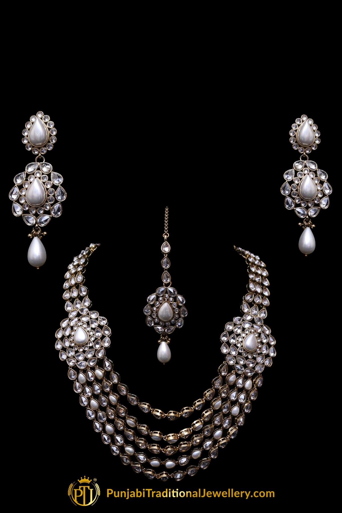 Golden White Pearl Kundan Necklace Set By Punjabi Traditional Jewellery