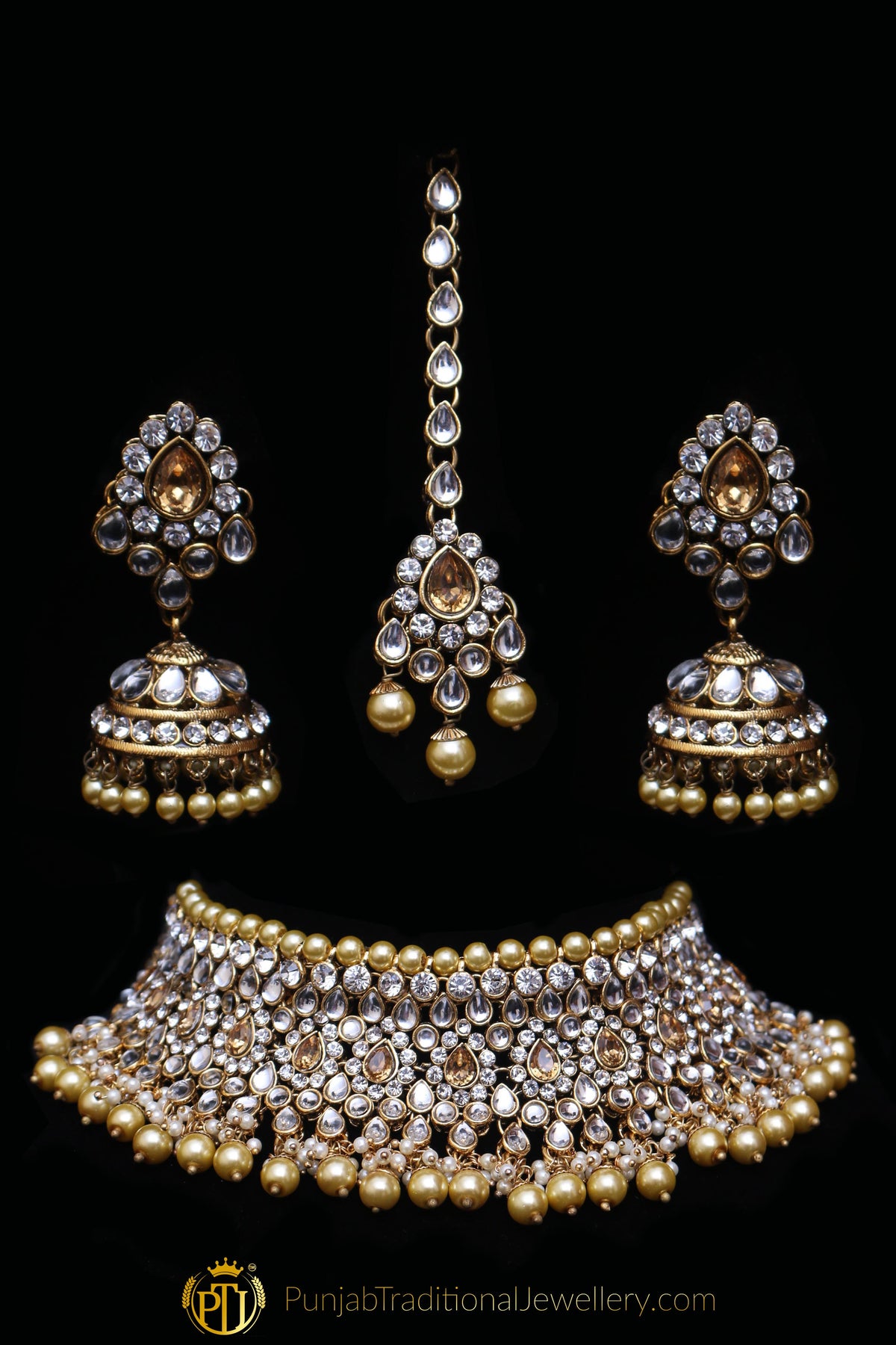 Golden Kundan Choker Necklace Set By Punjabi Traditional Jewellery