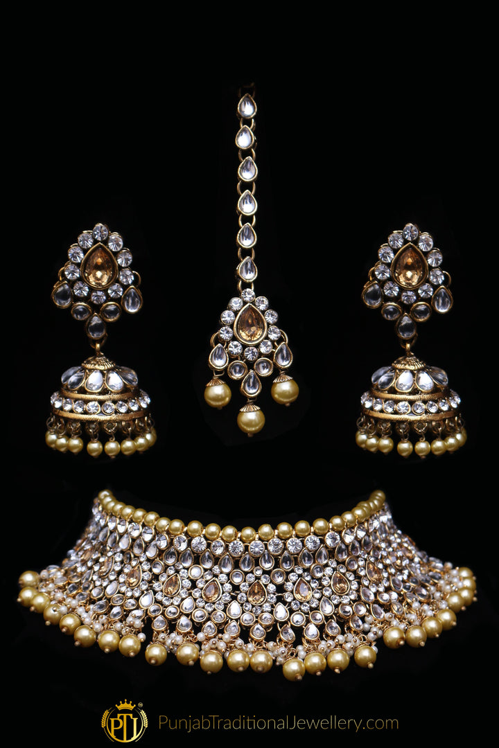 Golden Kundan Choker Necklace Set By Punjabi Traditional Jewellery