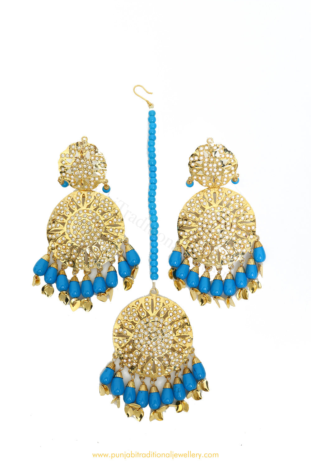 Gold Finished Firoza Jadau Earrings & Tikka Set By PTJ