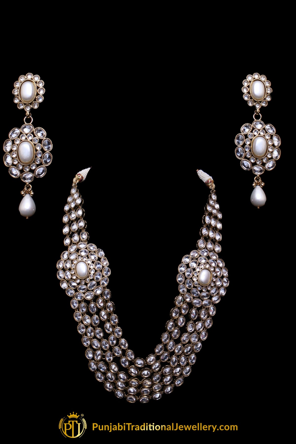 Golden White Pearl Kundan Necklace Set By Punjabi Traditional Jewellery