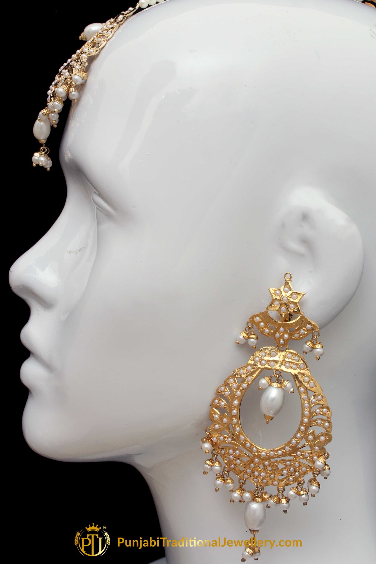 Golden Jadau Pearl Earring Tikka Set By Punjabi Traditional Jewellery