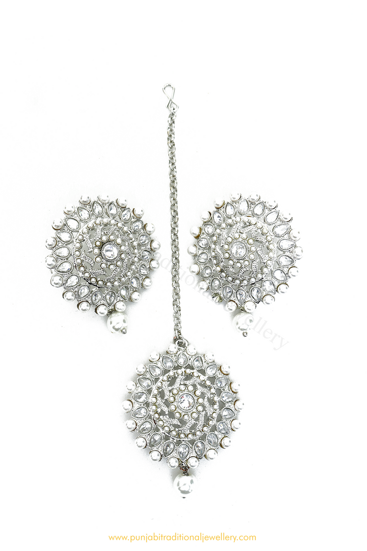 Silver Polki  Studs & Tikka Set By PTJ