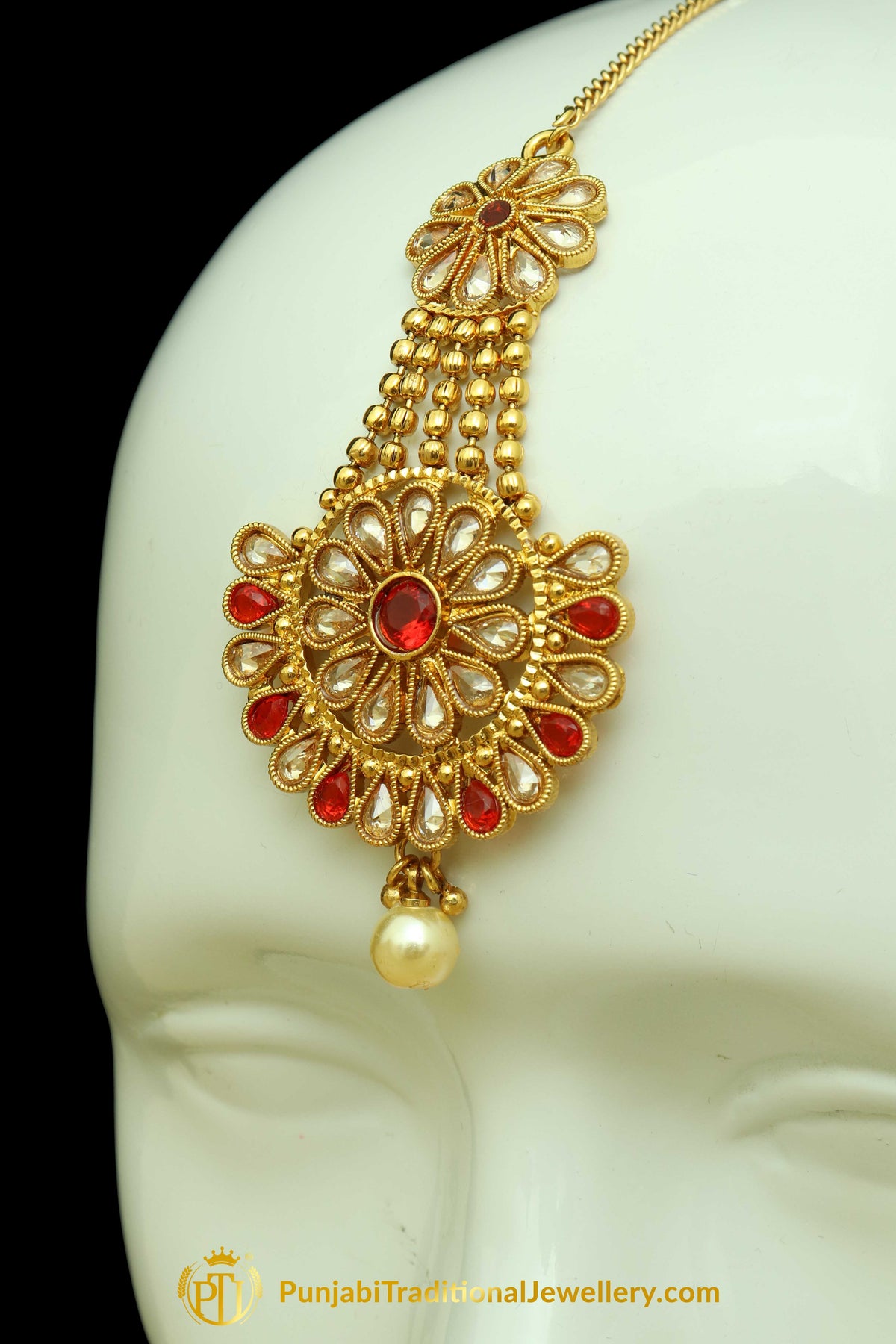 Red Polki Earring Tikka Set By Punjabi Traditional Jewellery