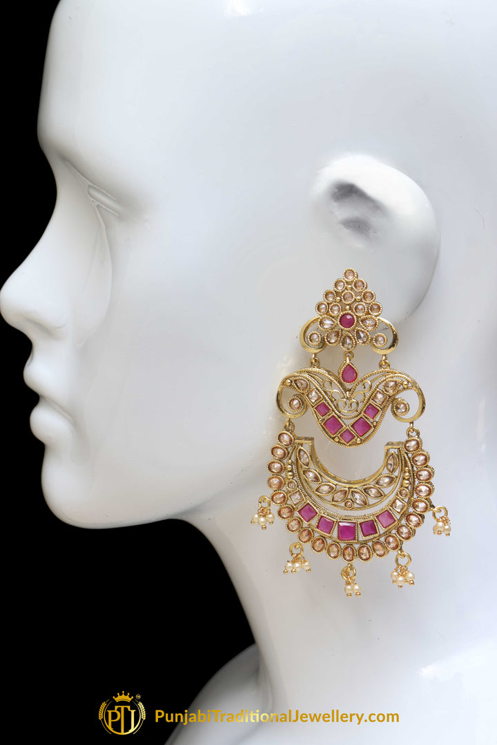 Maroon Polki Champagne Stone Earrings By Punjabi Traditional Jewellery