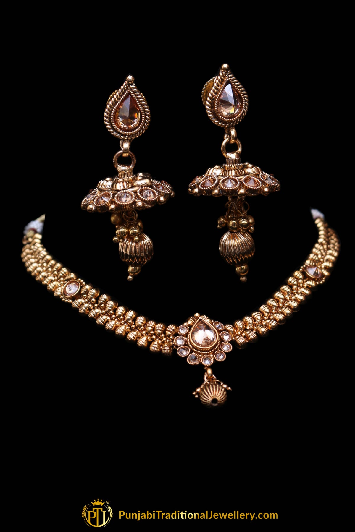 Qurbat Antique Gold Polki Necklace Set By Punjabi Traditional Jewellery