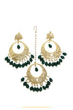 Gold Finished Emerald Jadau Earrings & Tikka Set By PTJ