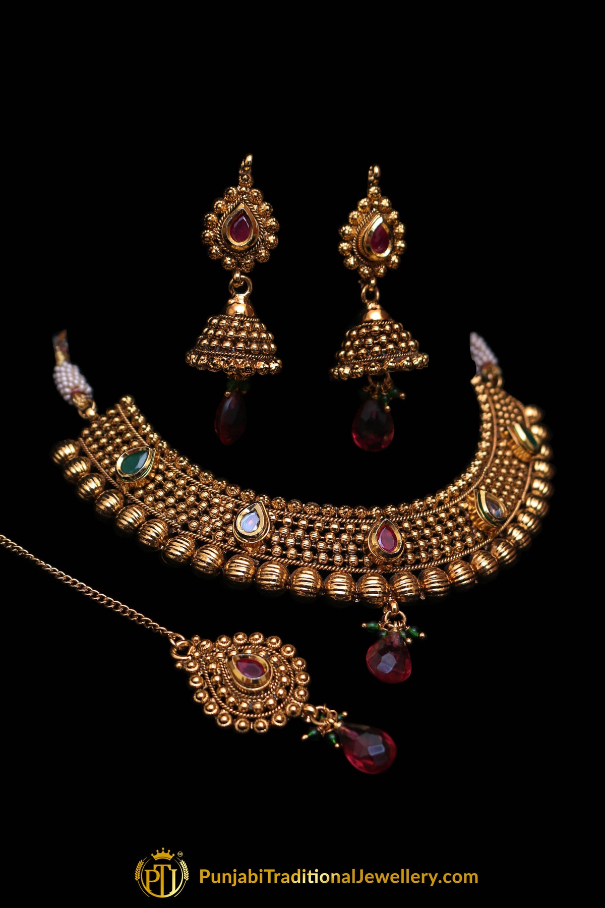 Noor Maroon & Green Antique Gold Polki Necklace Set By Punjabi Traditional Jewellery