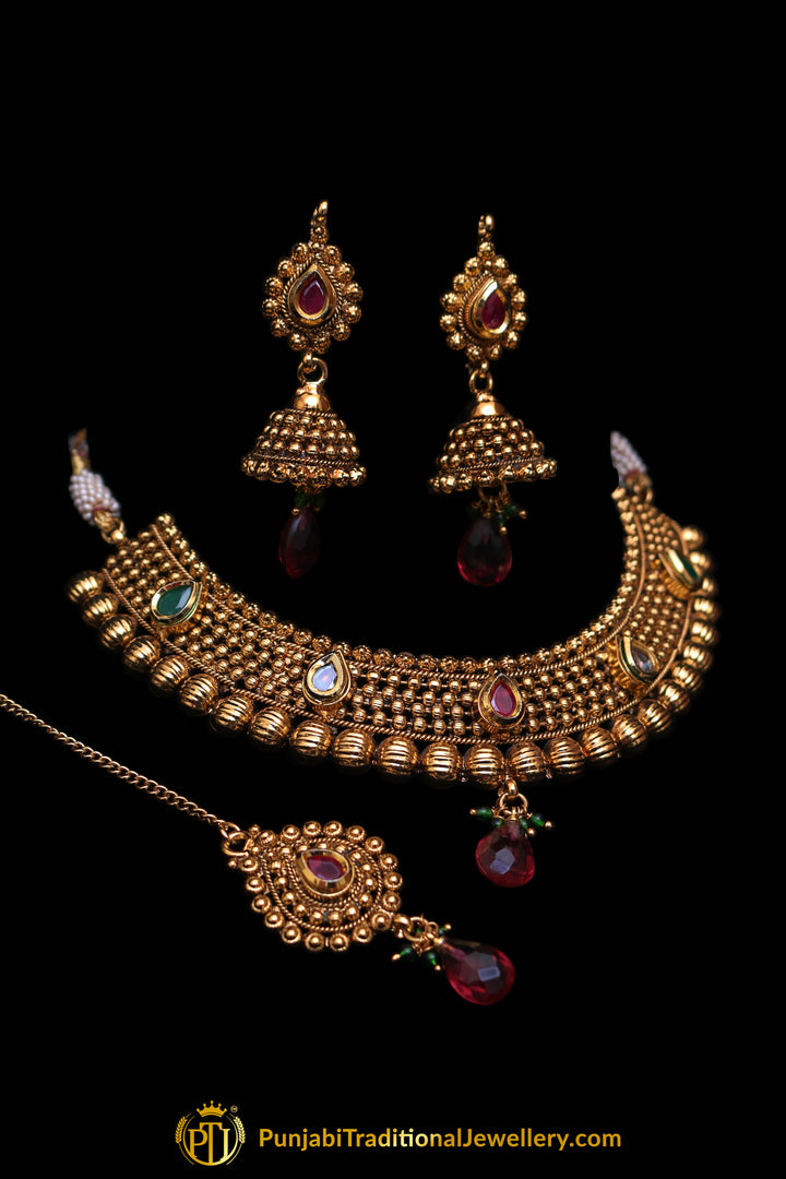 Noor Maroon & Green Antique Gold Polki Necklace Set By Punjabi Traditional Jewellery