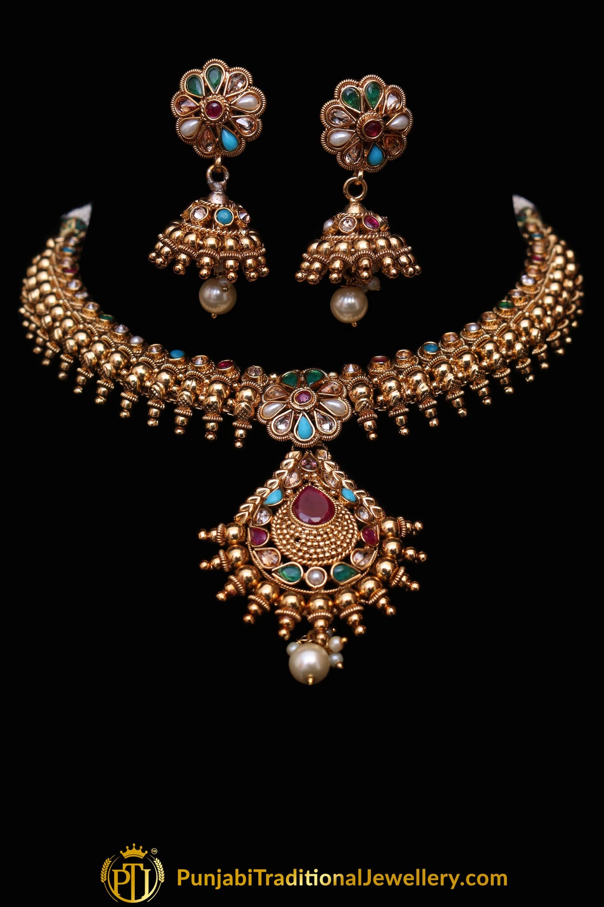 Multi Polki Antique Gold Nacklace Set By Punjabi Traditional Jewellery
