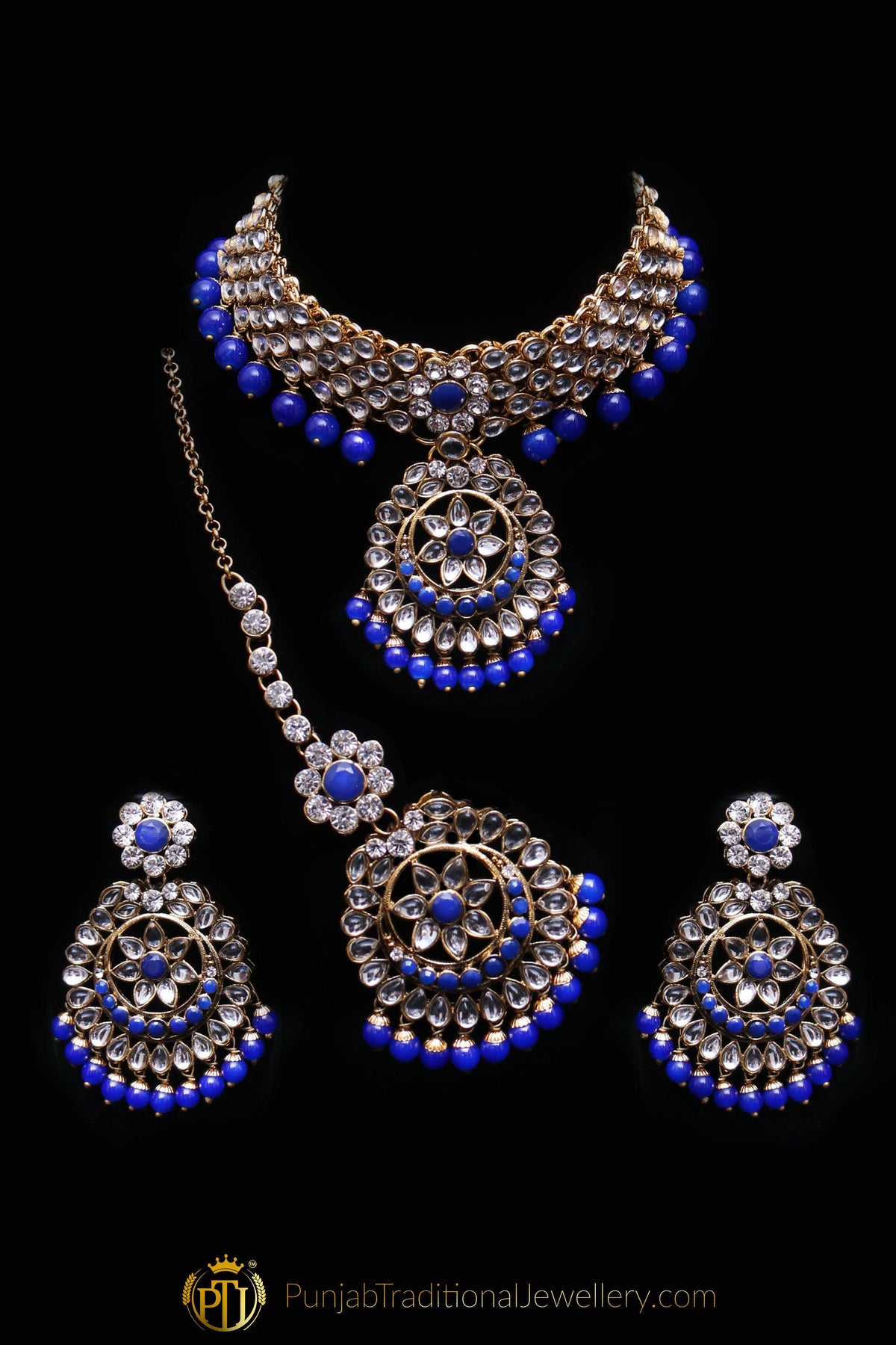 Blue Kundan Necklace Set By Punjabi Traditional Jewellery
