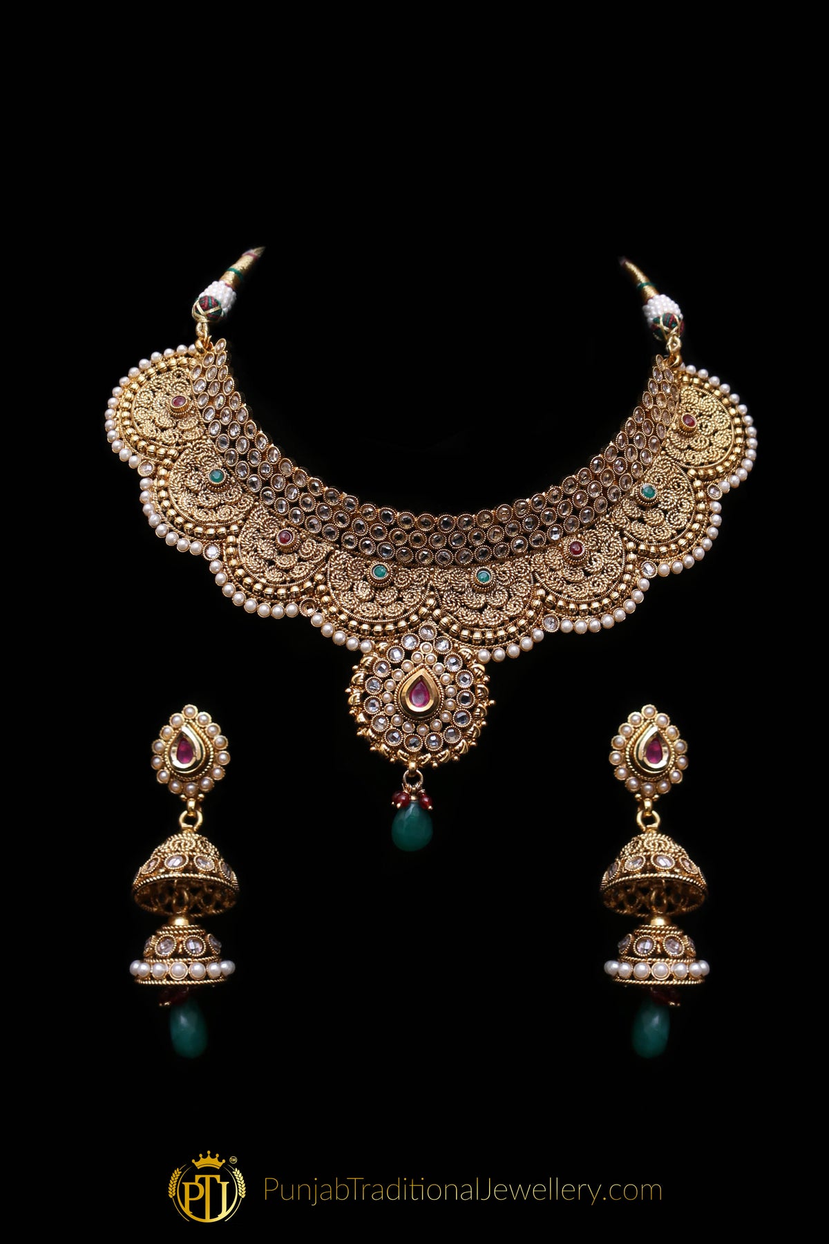 Red Green Antique Gold Polki Choker Necklace Set By Punjabi Taditional Jewellery