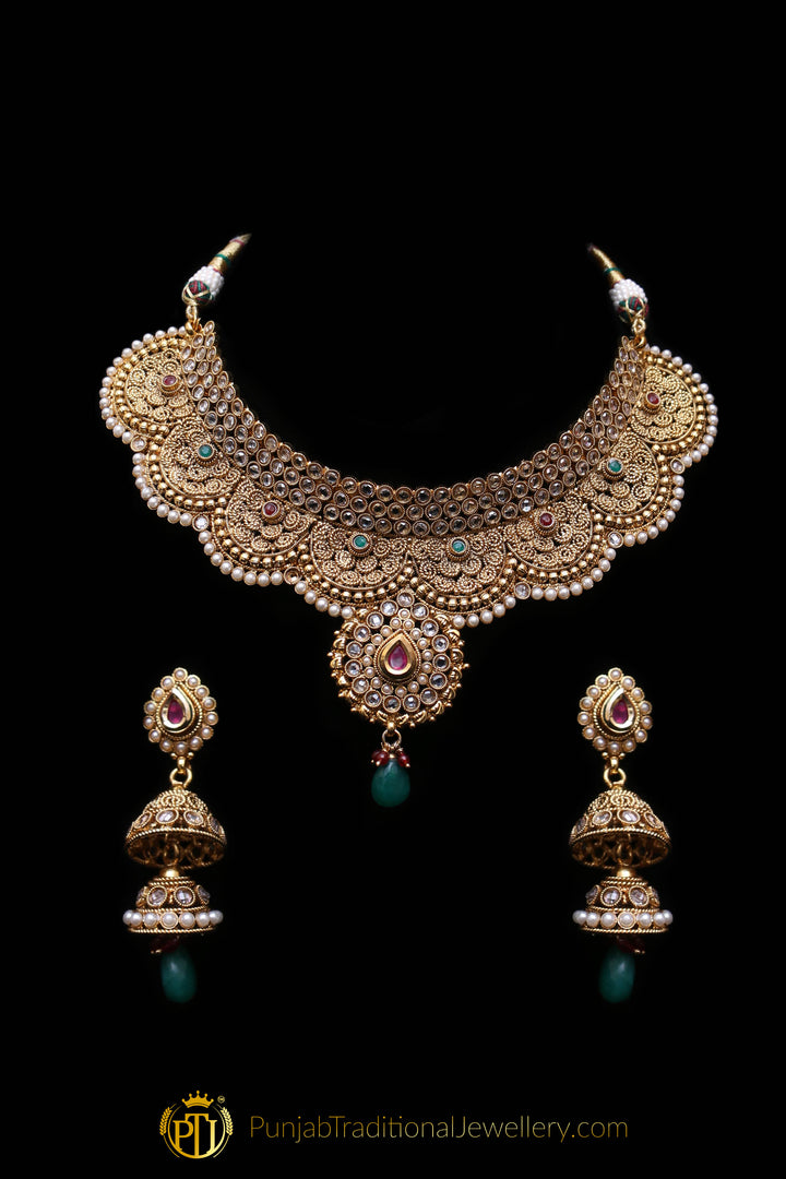Red Green Antique Gold Polki Choker Necklace Set By Punjabi Taditional Jewellery