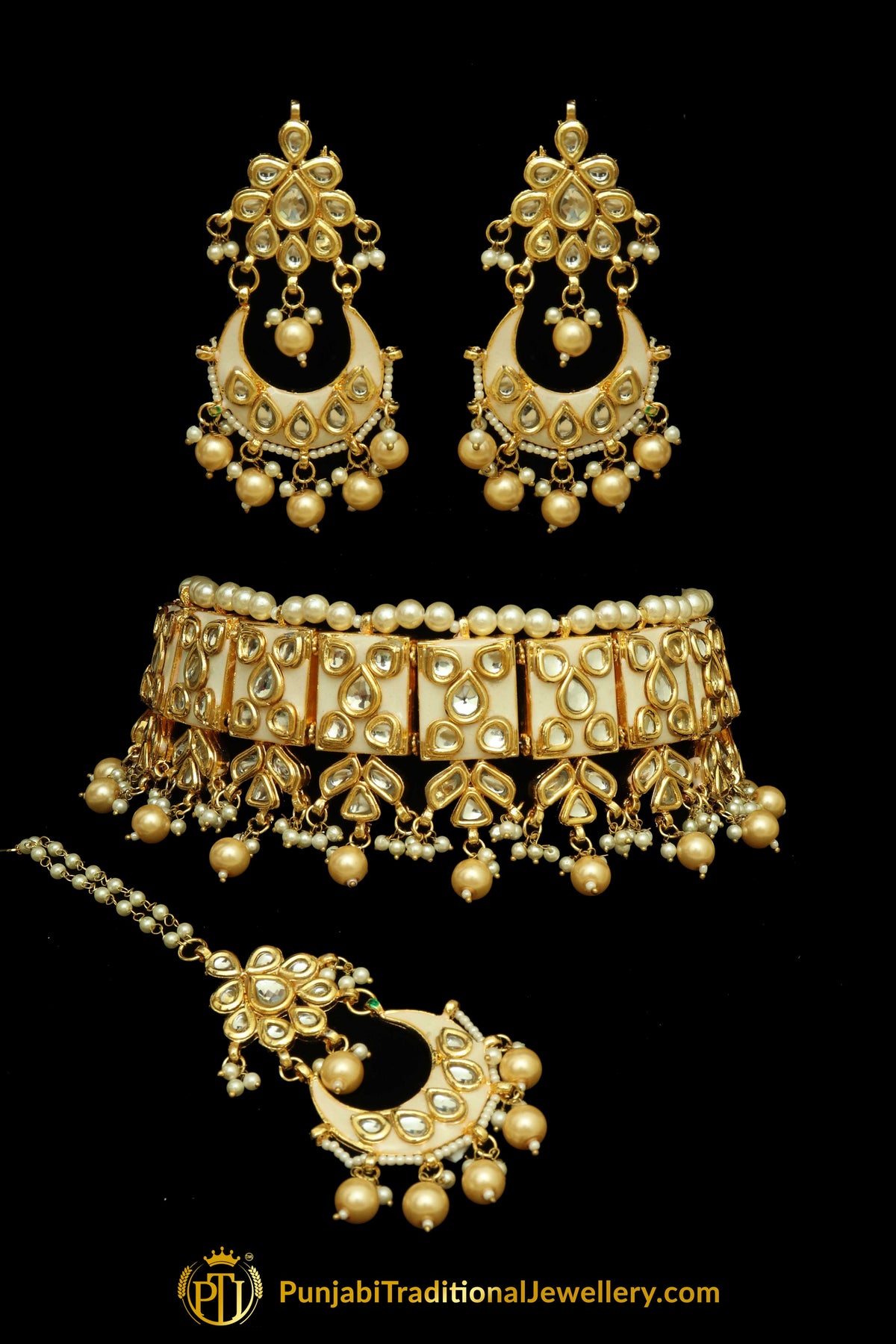 White Meena Kundan Pearl Choker Necklace Set By Punjabi Traditional Jewellery