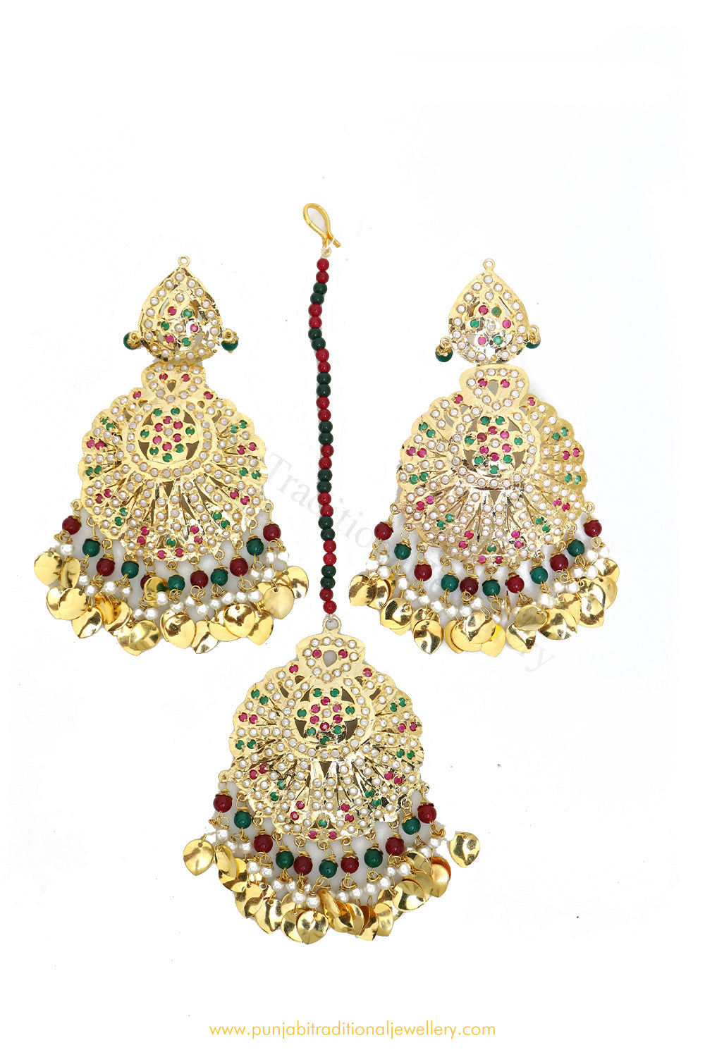 Gold Finished Rubby Emerald Jadau Earrings & Tikka Set By PTJ