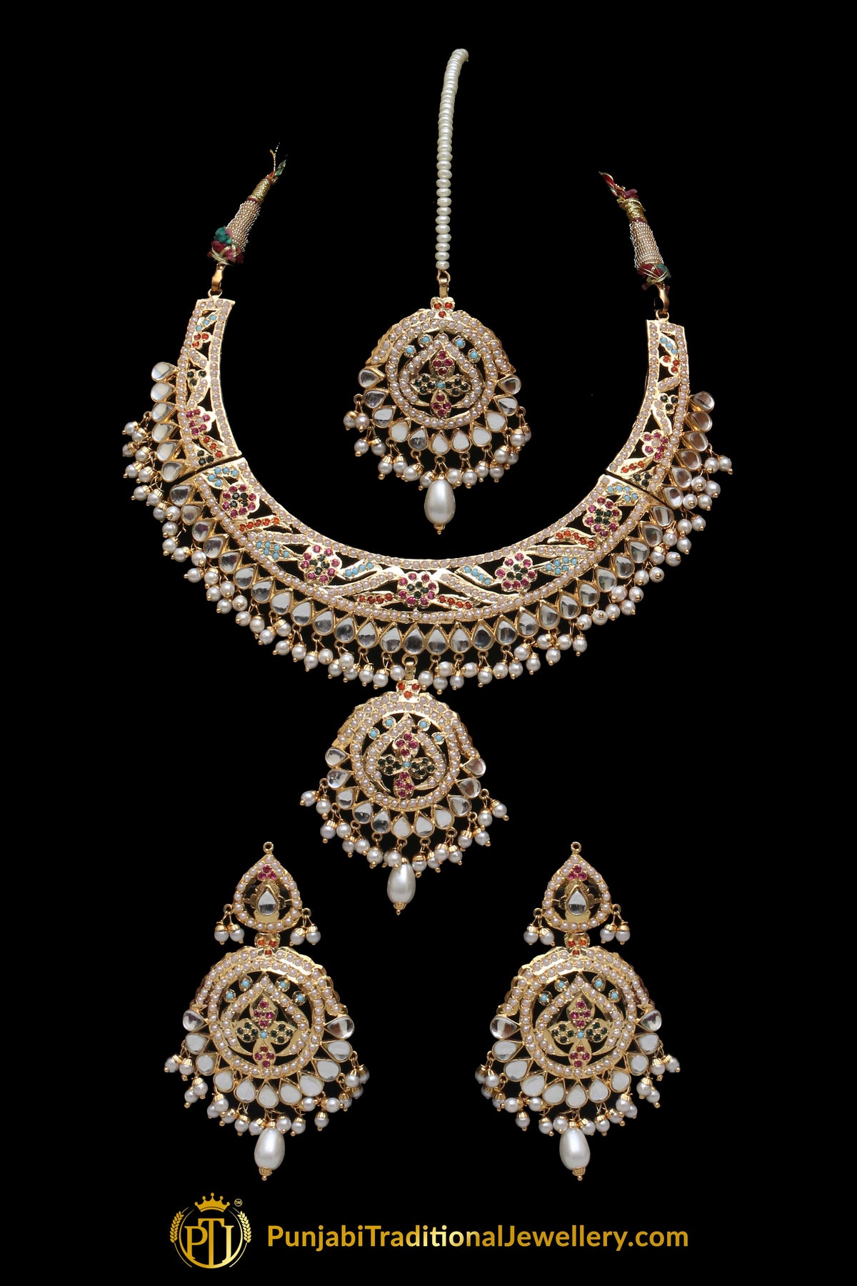 Red Jadau Pearl Kundan Necklace Set By Punjabi Taditional Jewellery