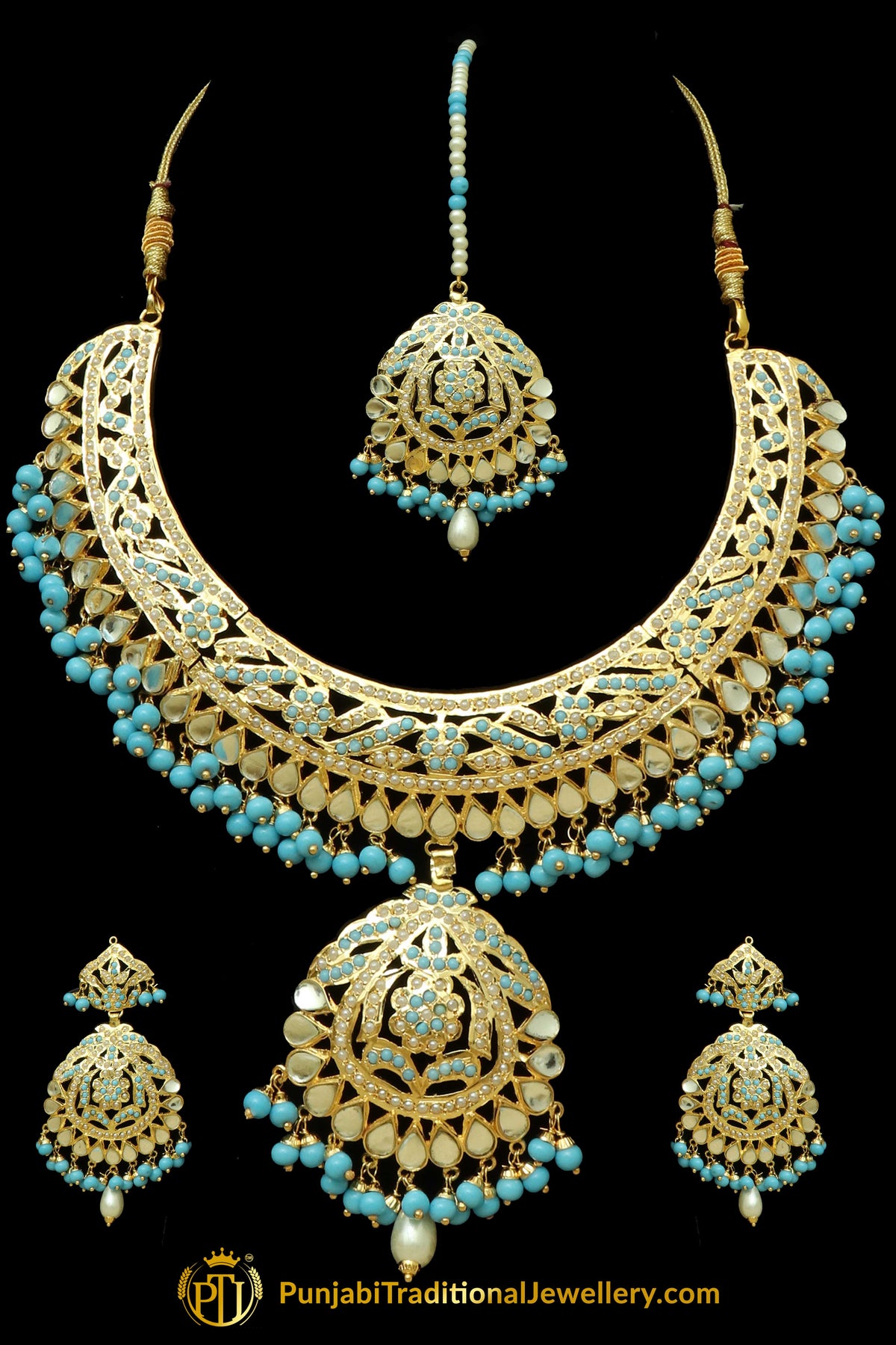 Firozi Kundan Jadau Necklace Set By Punjabi Traditional Jewellery