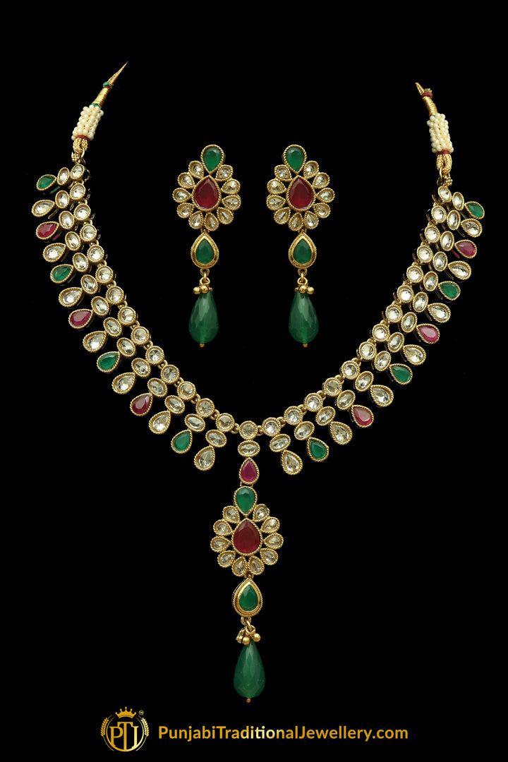 Rubby Panna Polki Necklace Set By Punjabi Traditional Jewellery