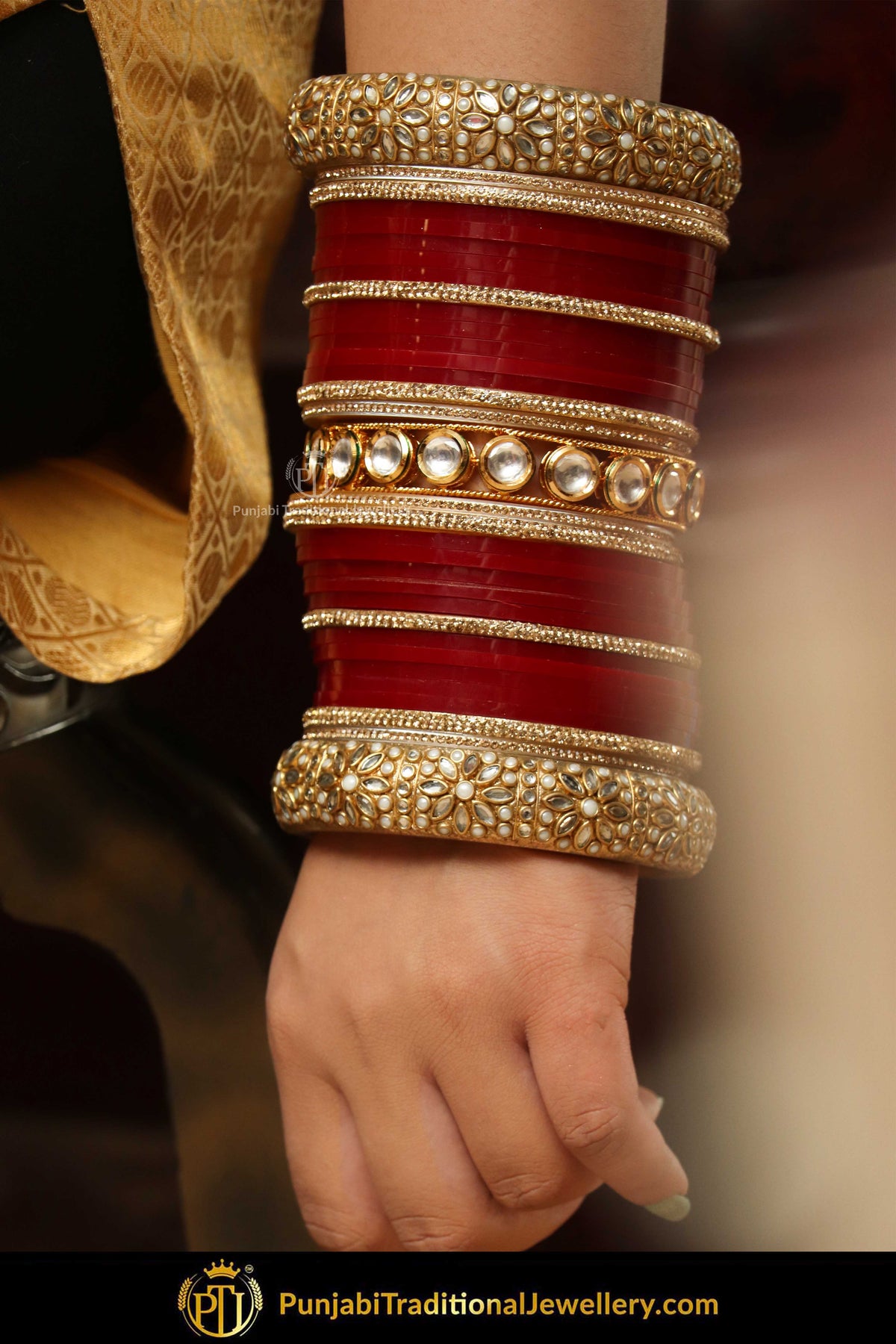 Gold Finished Kundan Maroon Bridal Chura | Punjabi Traditional Jewellery Exclusive