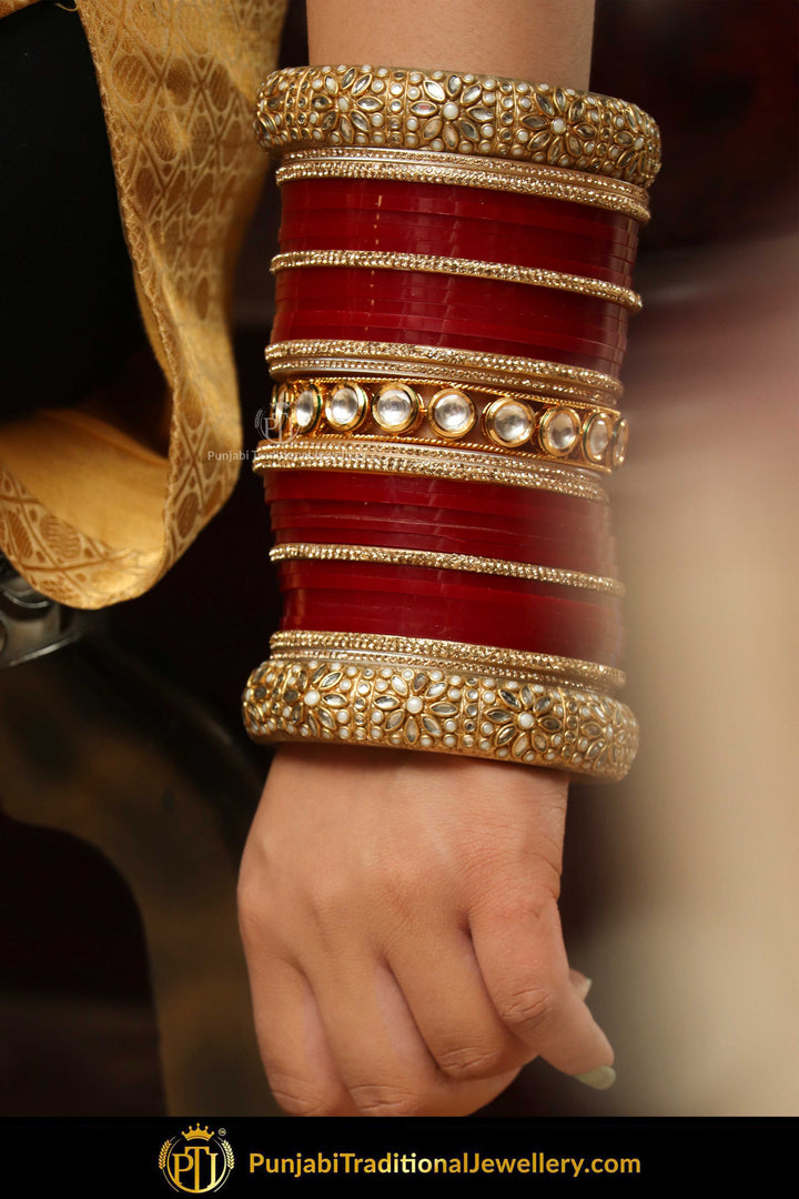 Gold Finished Kundan Maroon Bridal Chura | Punjabi Traditional Jewellery Exclusive