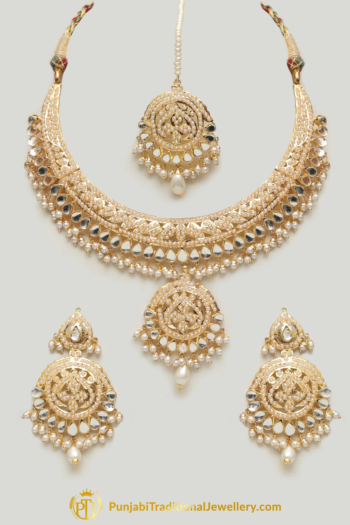 Golden Jadau Pearl Kundan Necklace Set By Punjabi Taditional Jewellery
