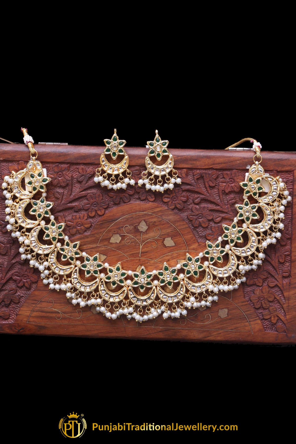 Green Pearl Kundan Necklace Set Punjabi Traditional Jewellery