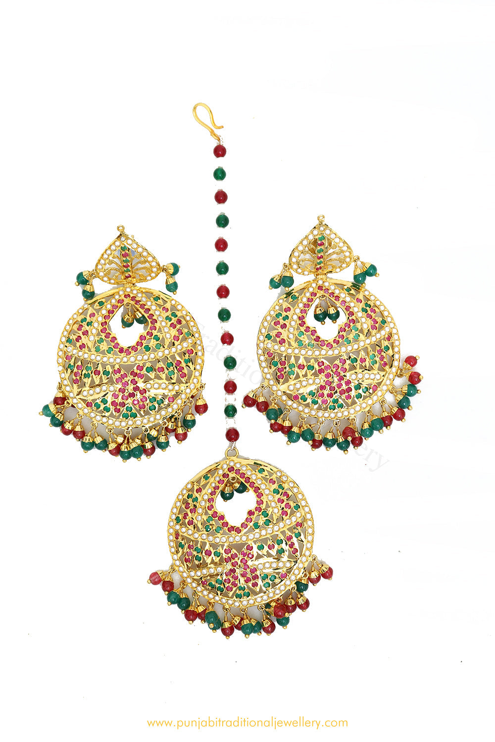 Gold Finished Rubby Emerald Jadau Earrings & Tikka Set By PTJ