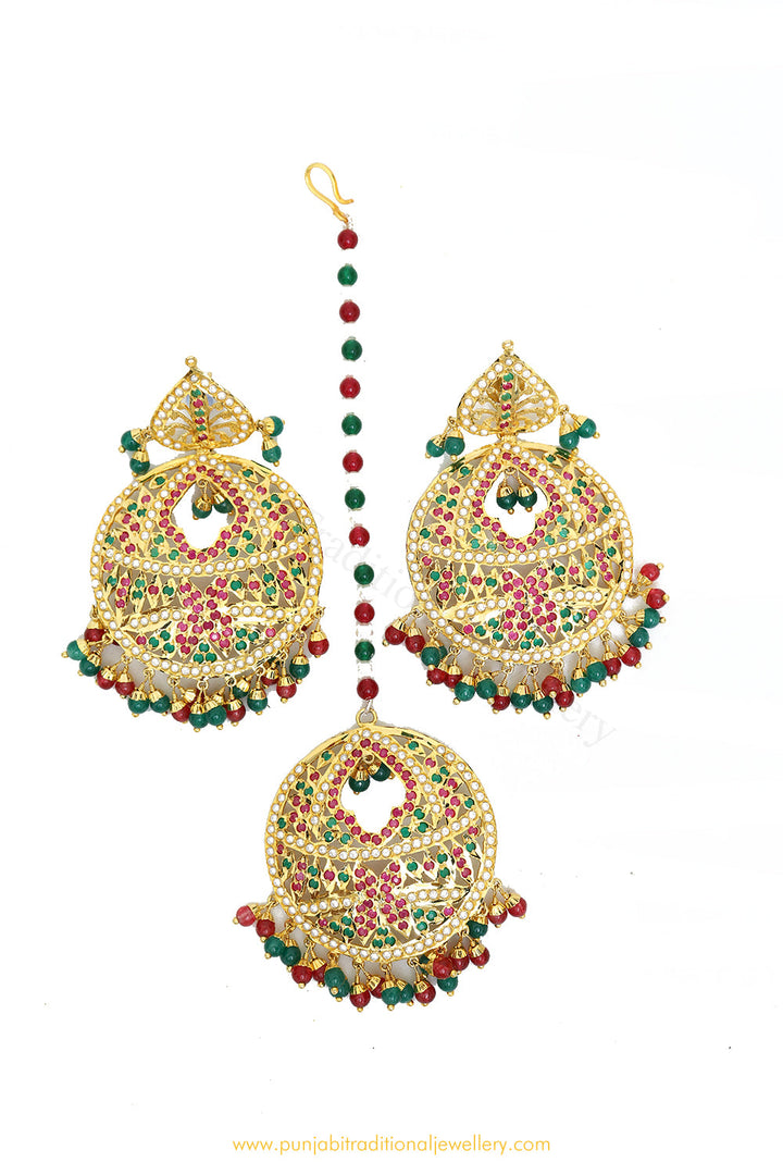 Gold Finished Rubby Emerald Jadau Earrings & Tikka Set By PTJ