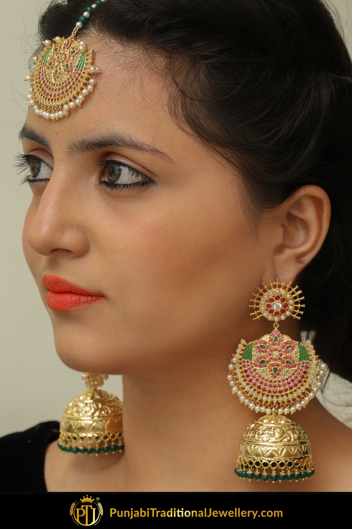 Ibtisam Gold Finished Pink Jhumki Earring Tikka Set | Punjabi Traditional Jewellery Exclusive