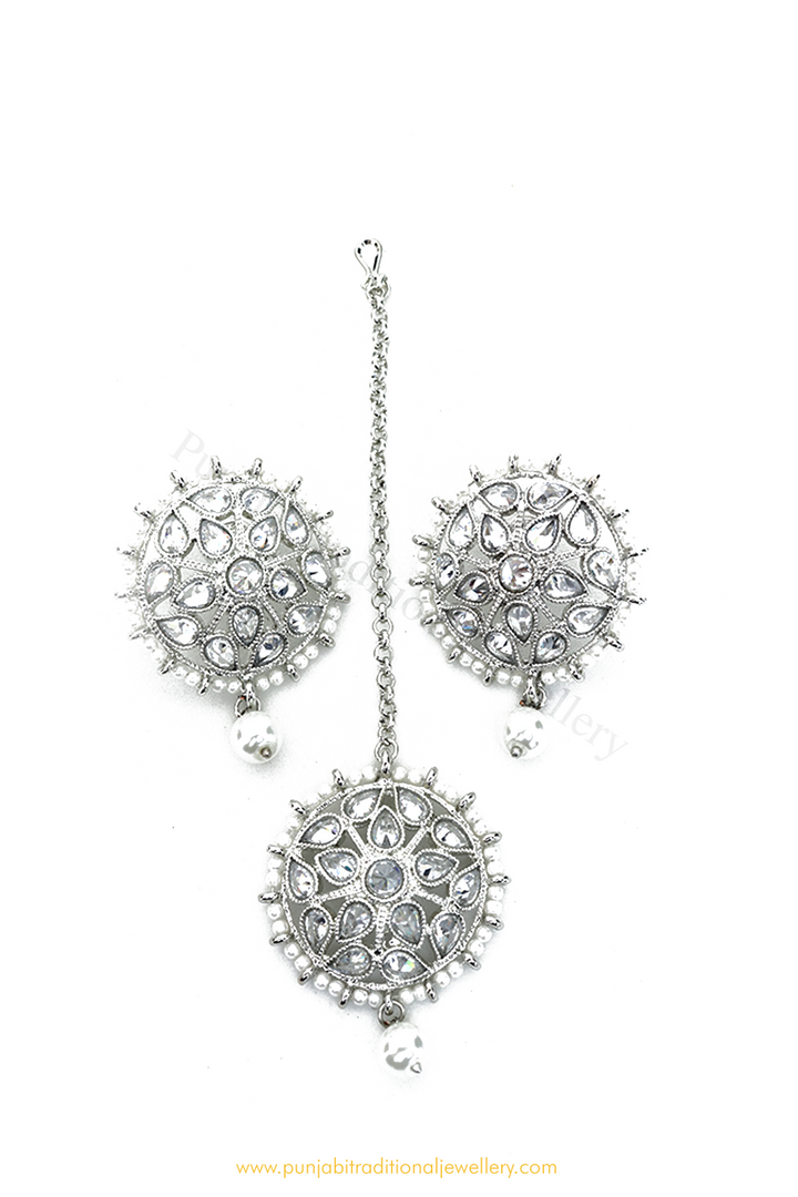 Silver Polki  Studs & Tikka Set By PTJ