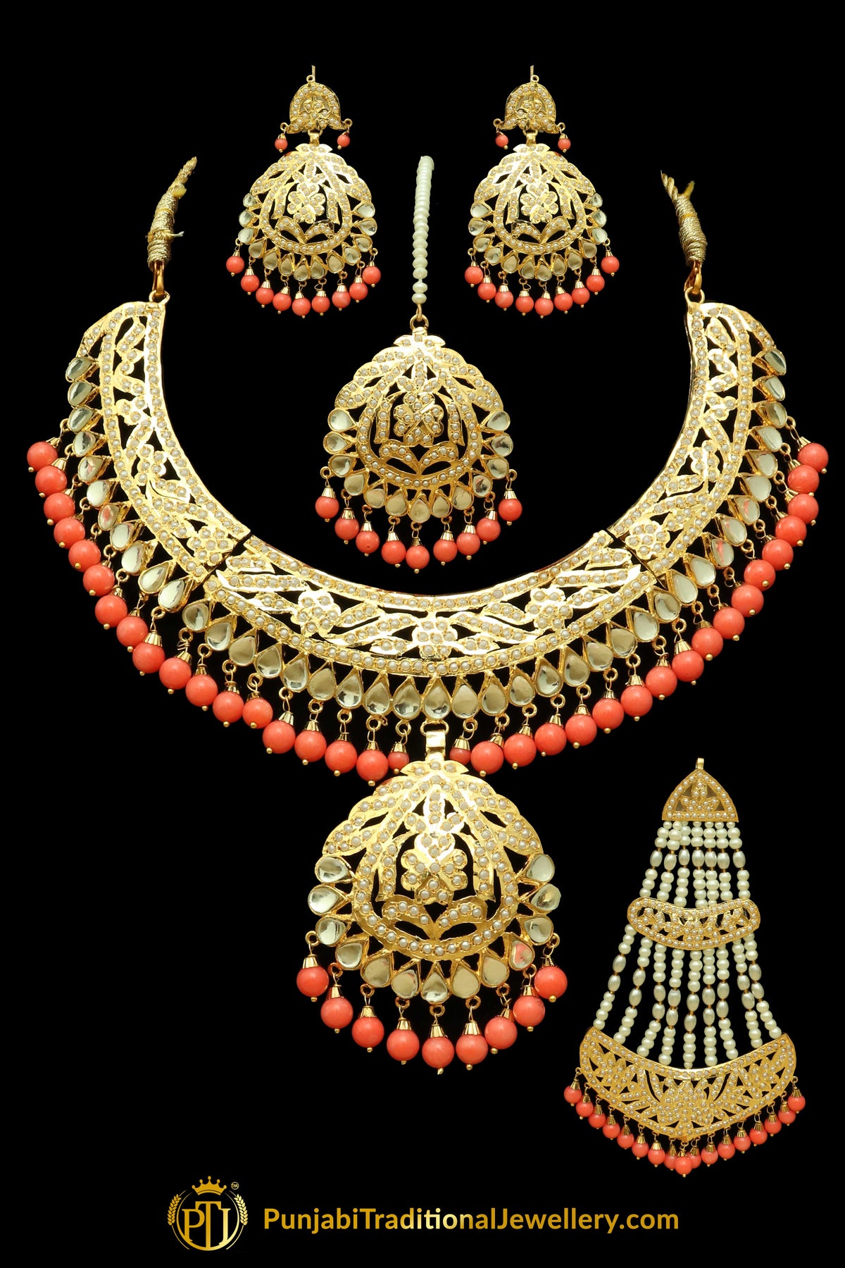 Orange Jadau Kundan Necklace Set With Passsa By Punjabi Traditional Jewellery