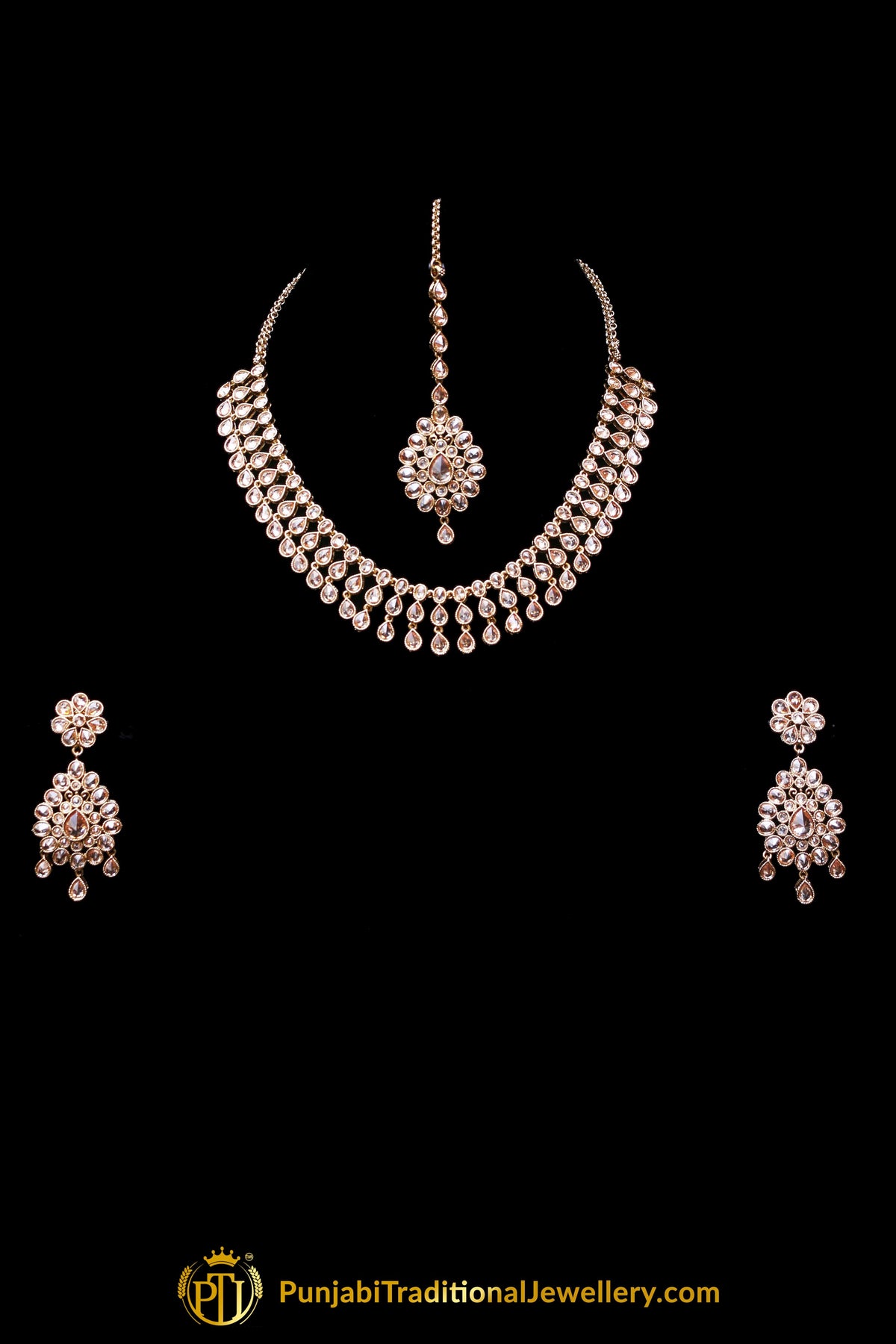 Golden Champagne Stone Necklace Set By Punjabi Traditional Jewellery