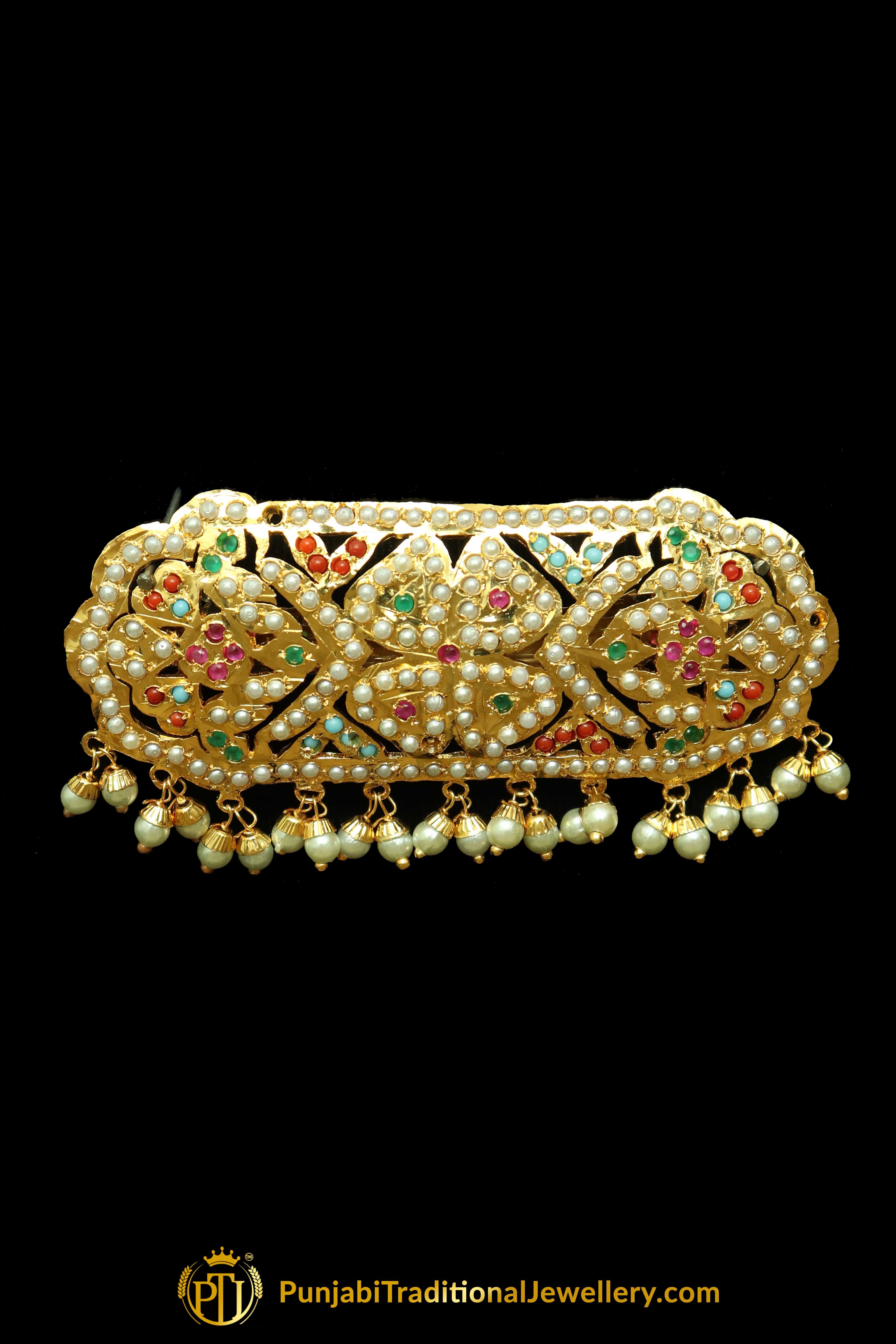 Gold Finished Navratan Pearl Jadau Clip Hair Accessories By Punjabi Traditional Jewellery