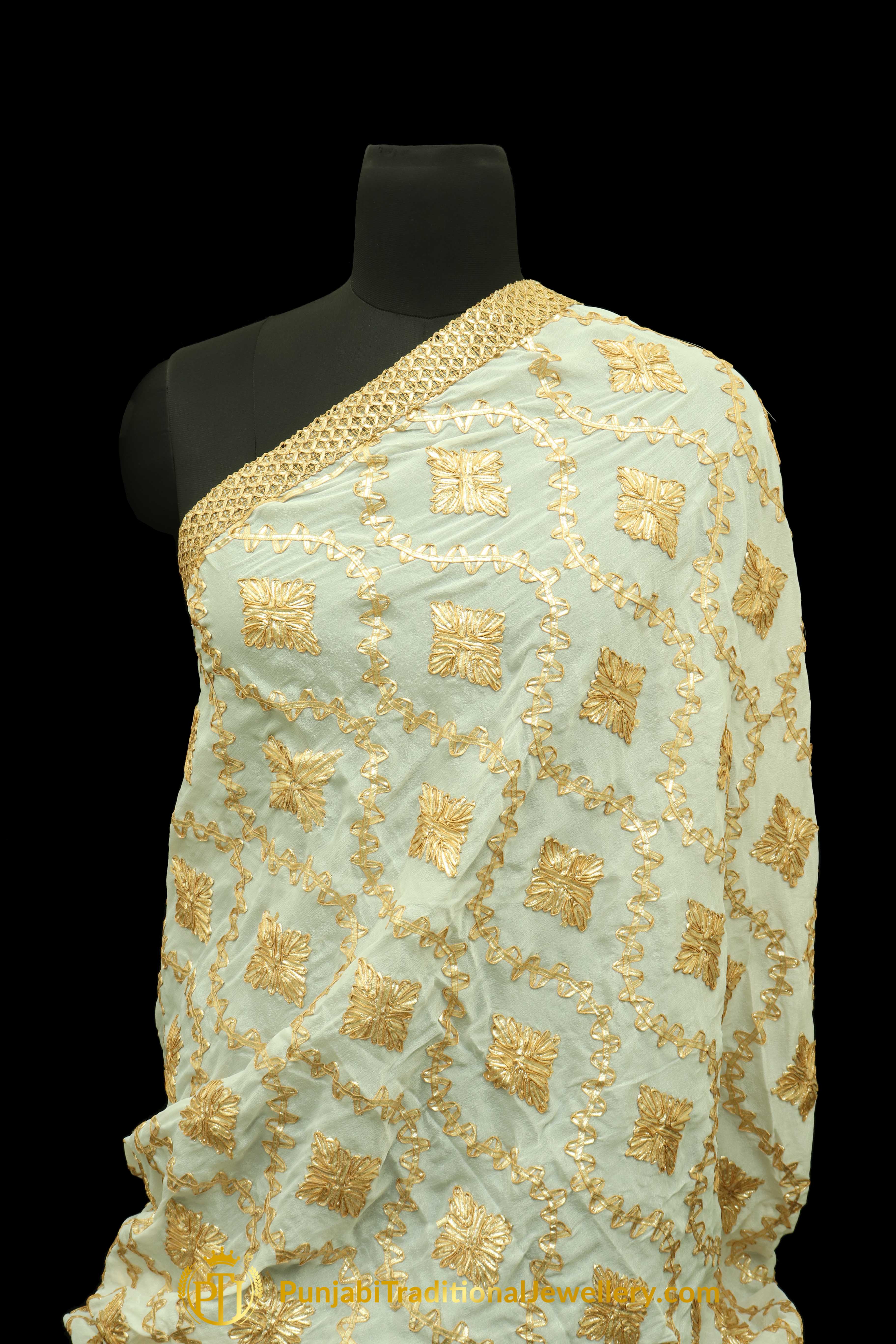 White Color Pure Phulkari Dupatta By Punjabi Traditional Jewellery