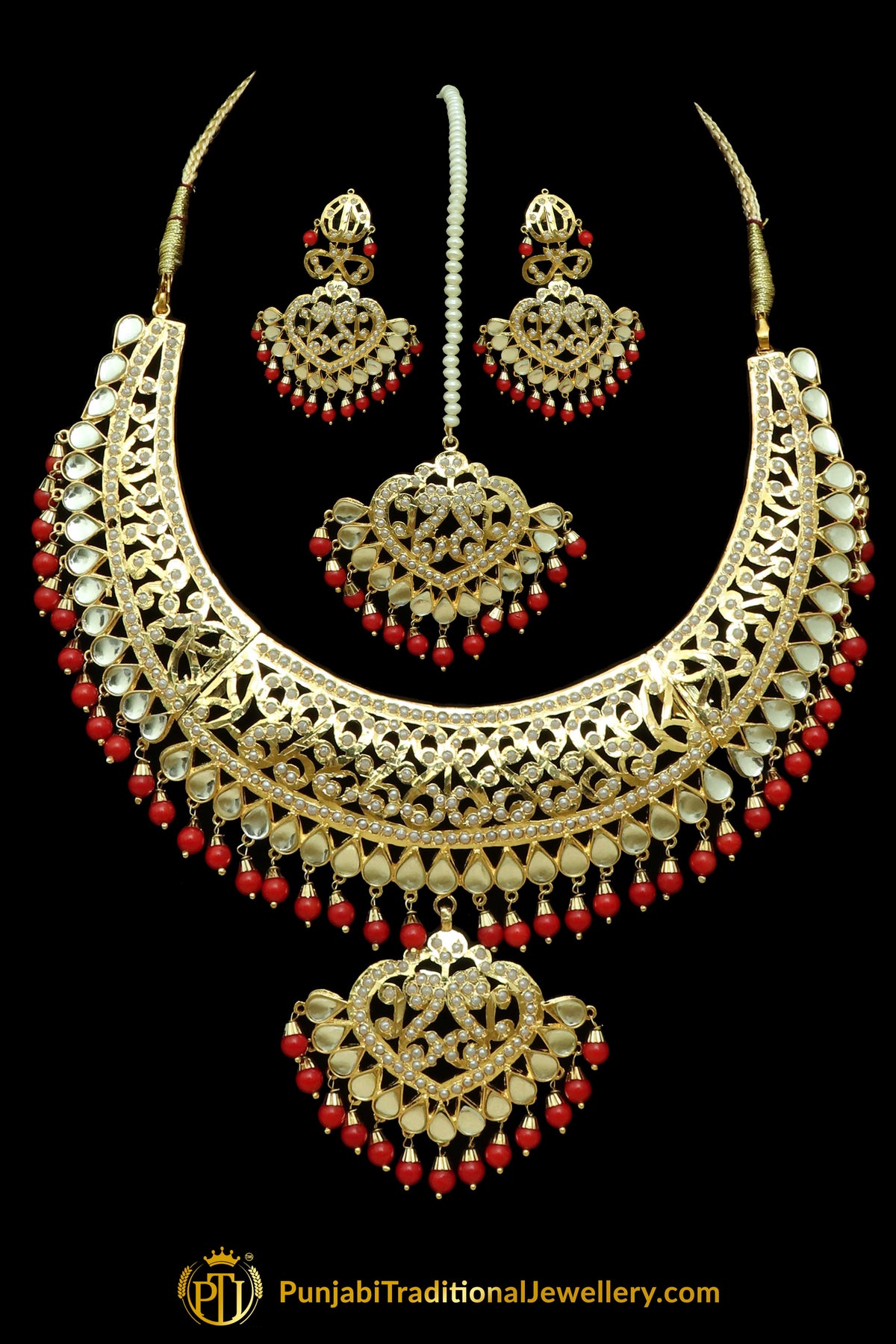 Red Kundan Jadau Necklace Set By Punjabi Traditional Jewellery