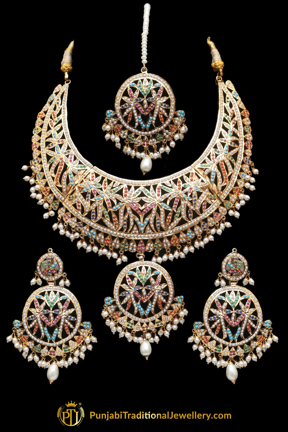 Multi Jadau Pearl Necklace Set By Punjabi Traditional Jewellery