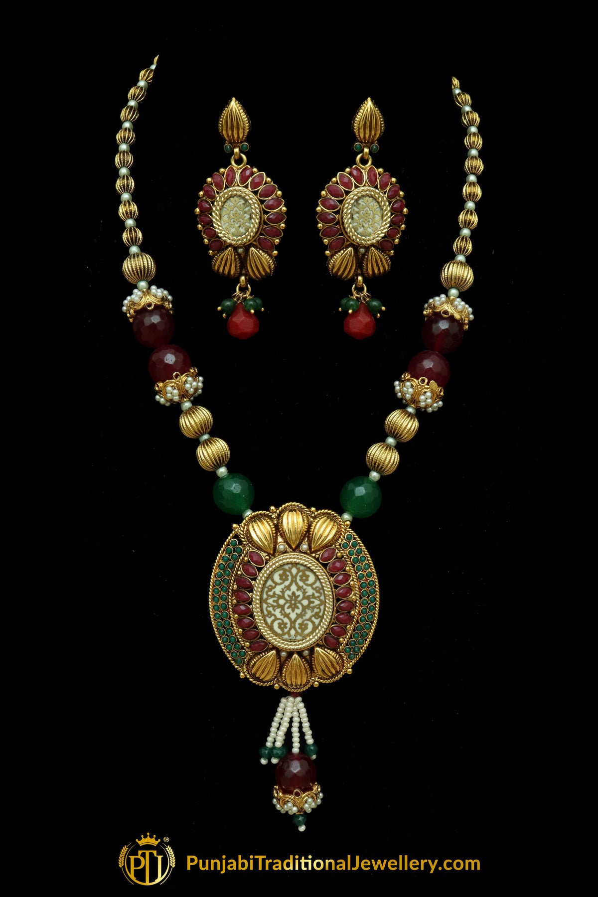 Rubby Panna Pearl Jodha Mala Necklace Set By Punjabi Traditional Jewellery
