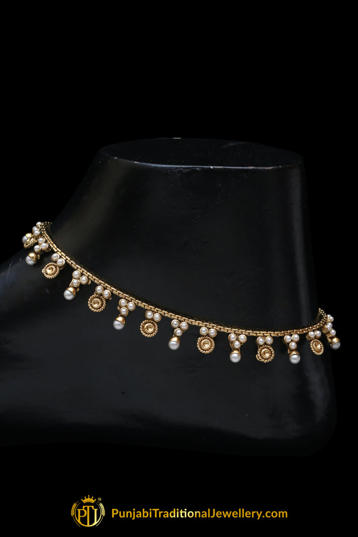 Gold Plated With Pearl Payal By Punjabi Traditional Jewellery