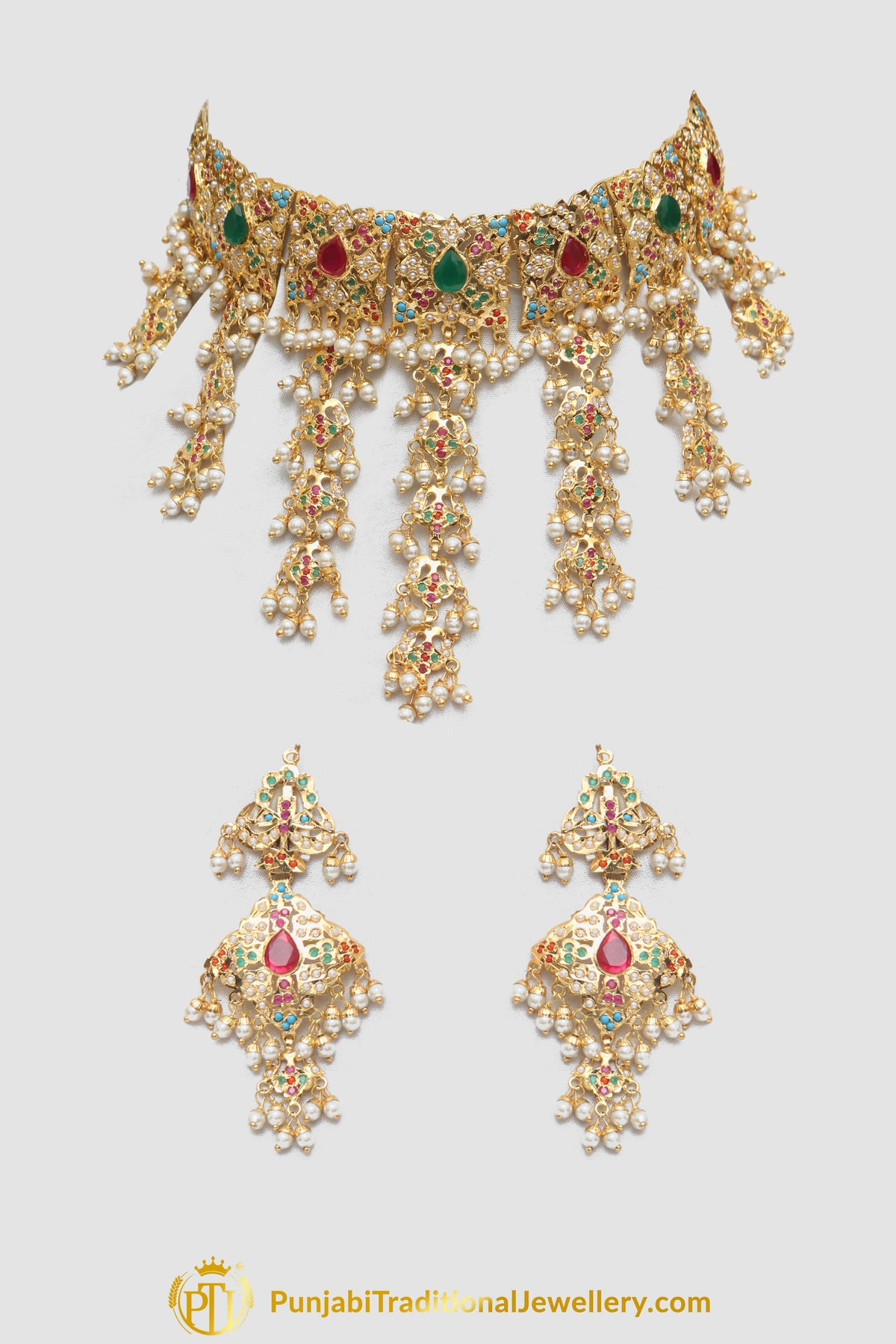 Multi Pearl Jadau Necklace Set By Punjabi Traditional Jewellery