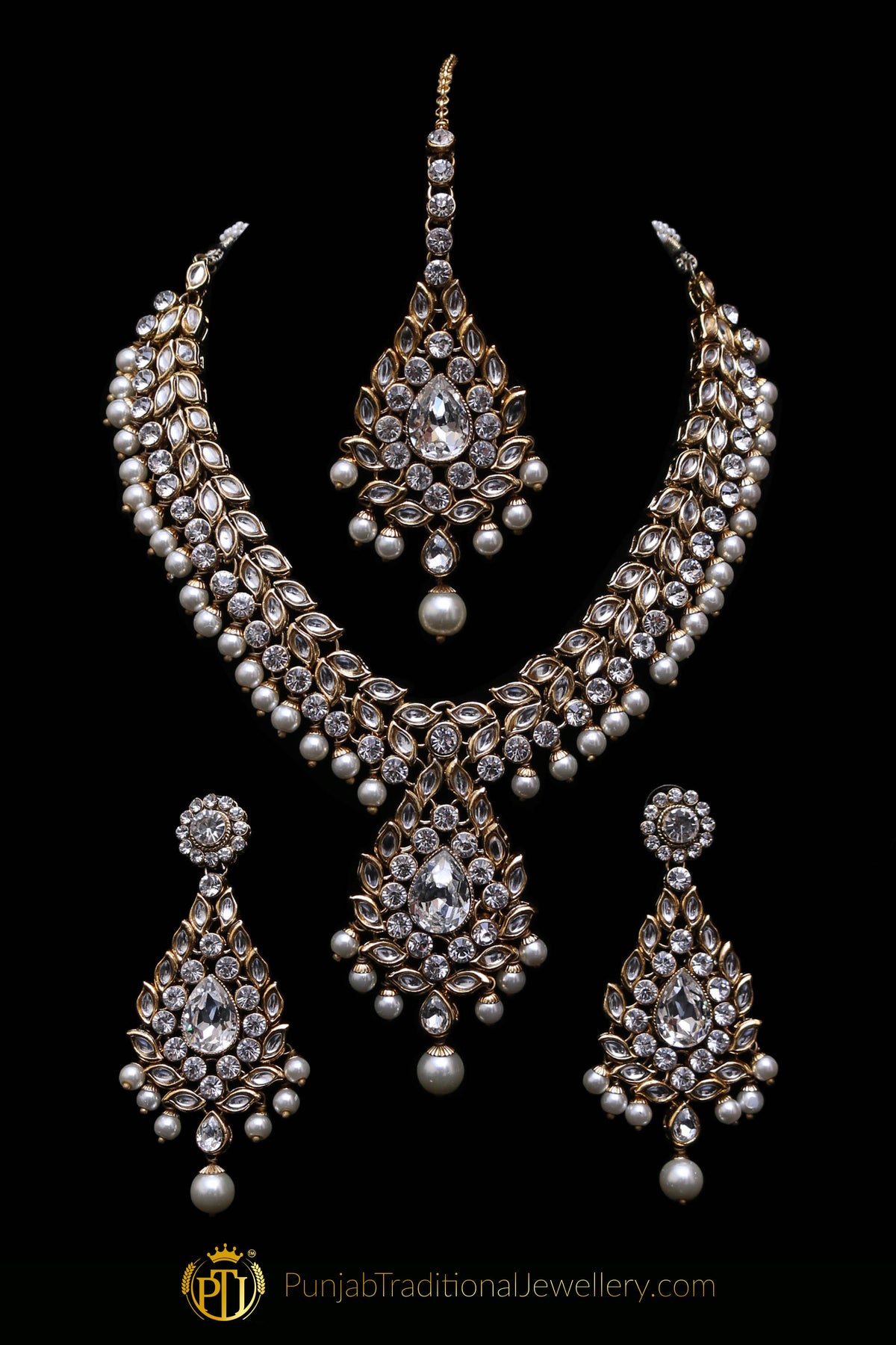 White & Golden Kundan/Jerkan Necklace Set By Punjabi Traditional Jewellery