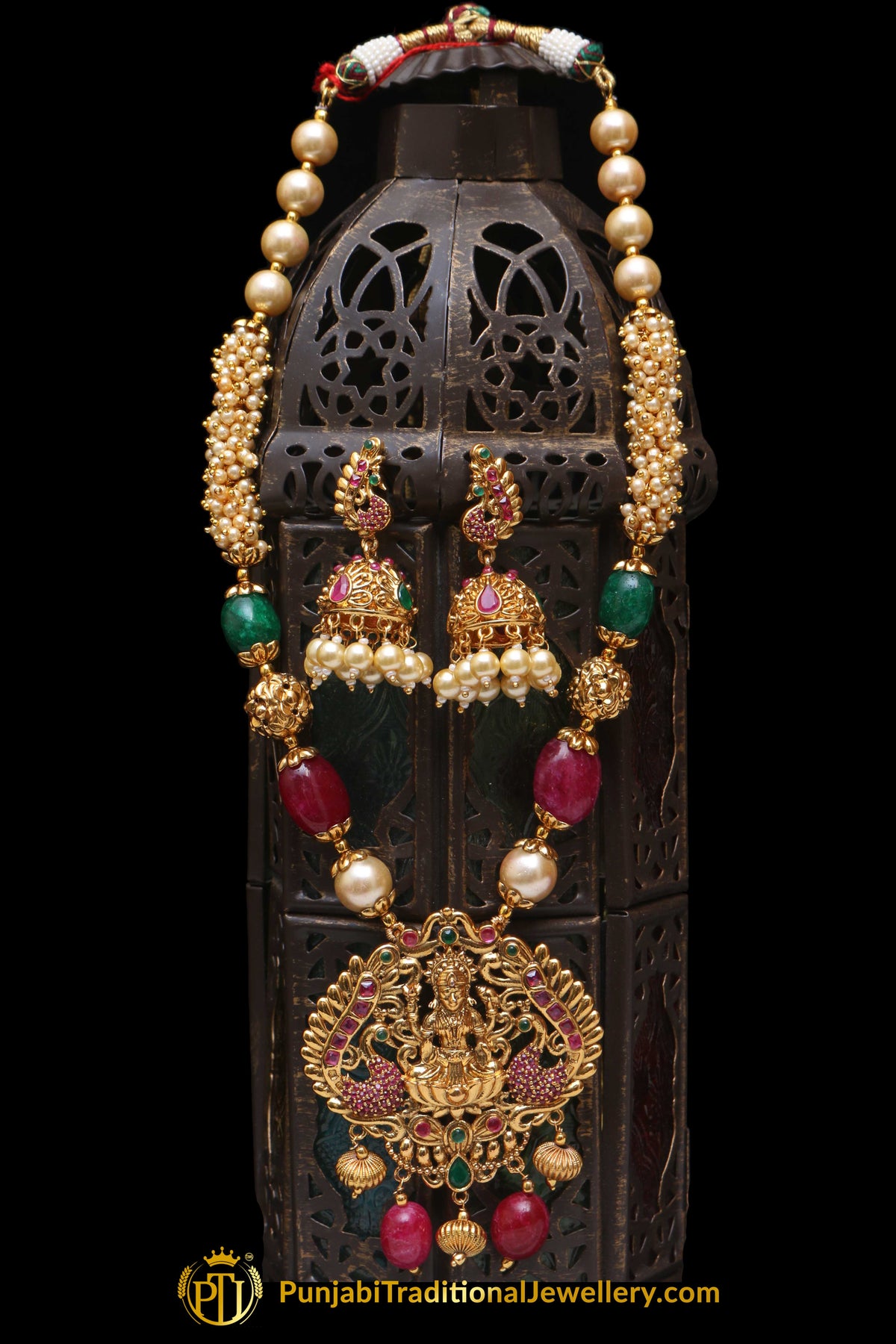 Green & Red Jodha Necklace Set By Punjabi Traditional Jewellery