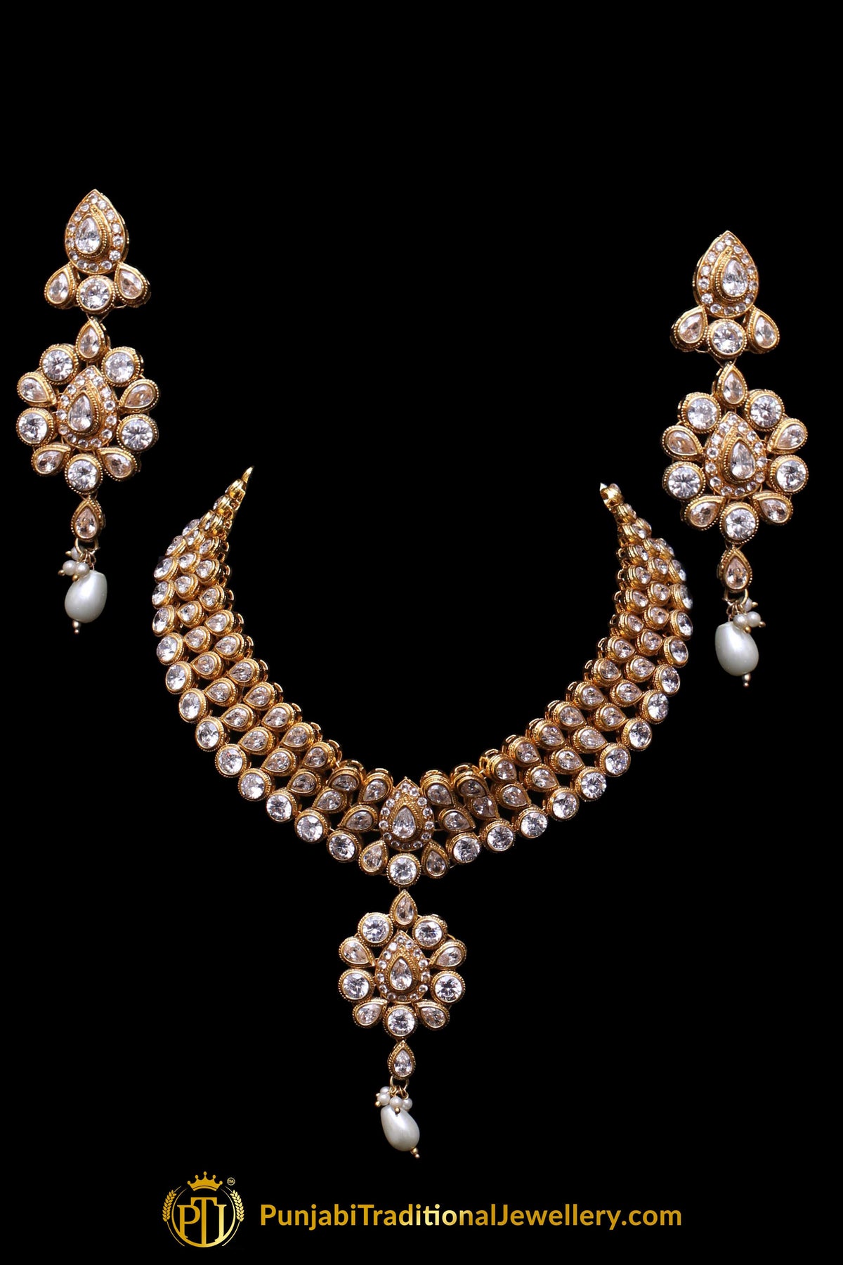 Polki Gold Plated Necklace Set By Punjabi Traditional Jewellery