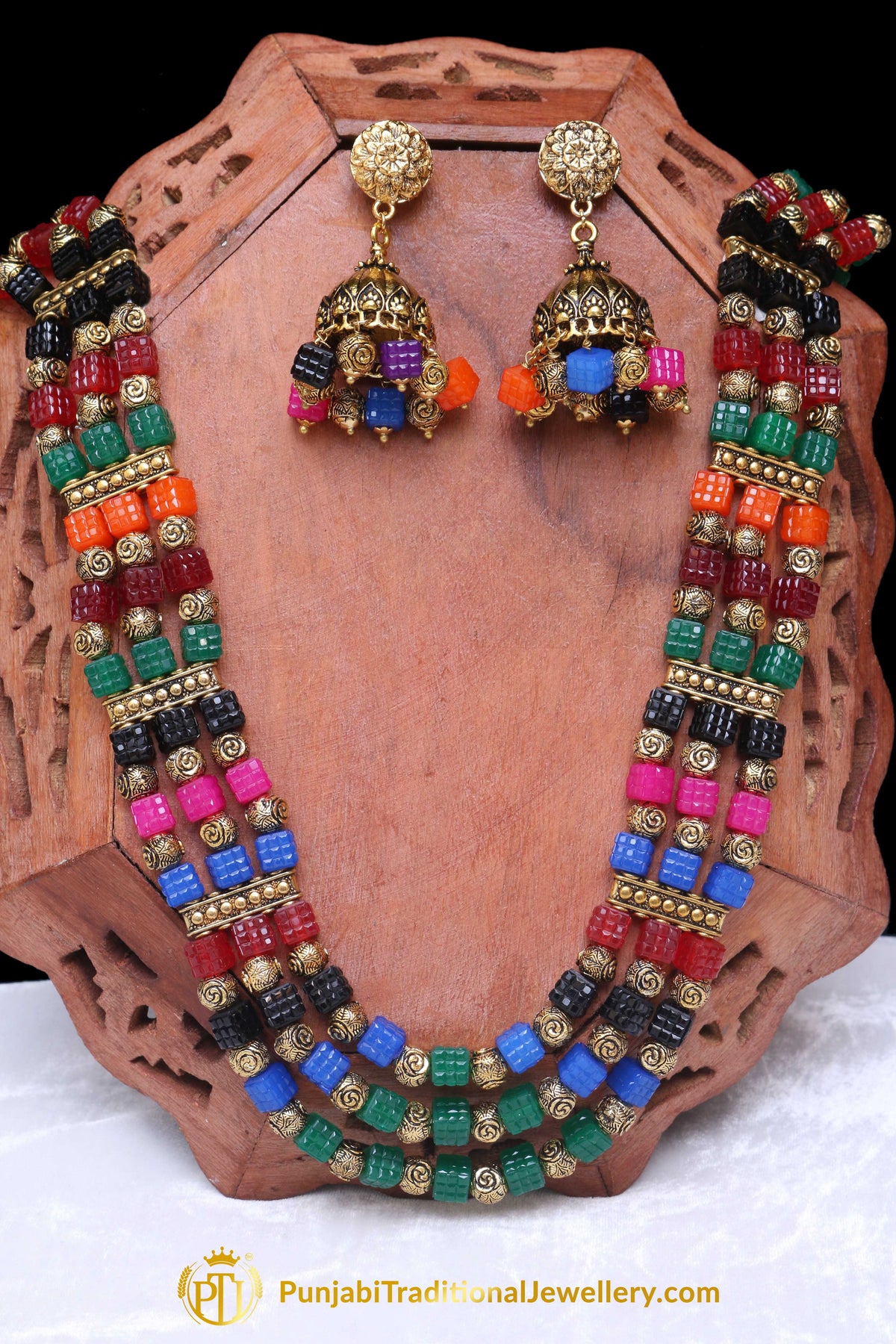 Multi Antique Gold Mala Necklace Set By Punjabi Traditional Jewellery