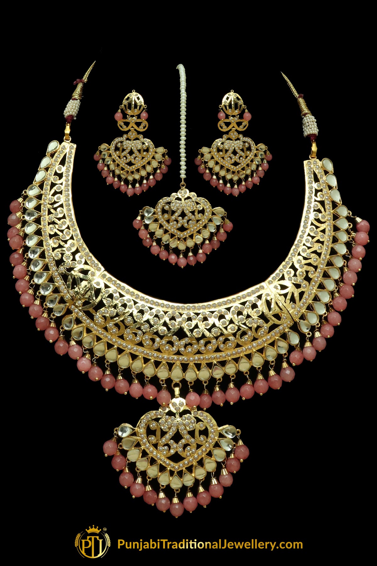 Gold Finished Baby Pink Jadau/Kundan Necklace Set By Punjabi Traditional Jewellery