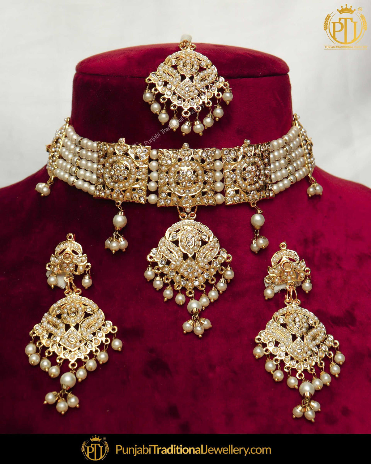 Gold Finished Jadau Pearl Necklace Set  | Punjabi Traditional Jewellery Exclusive